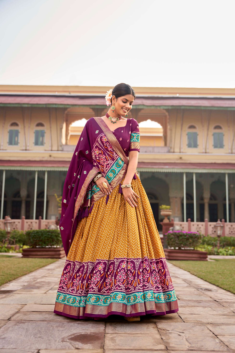 Mustard Yellow Tussar Silk Printed Lehenga Choli - PAHRAVA