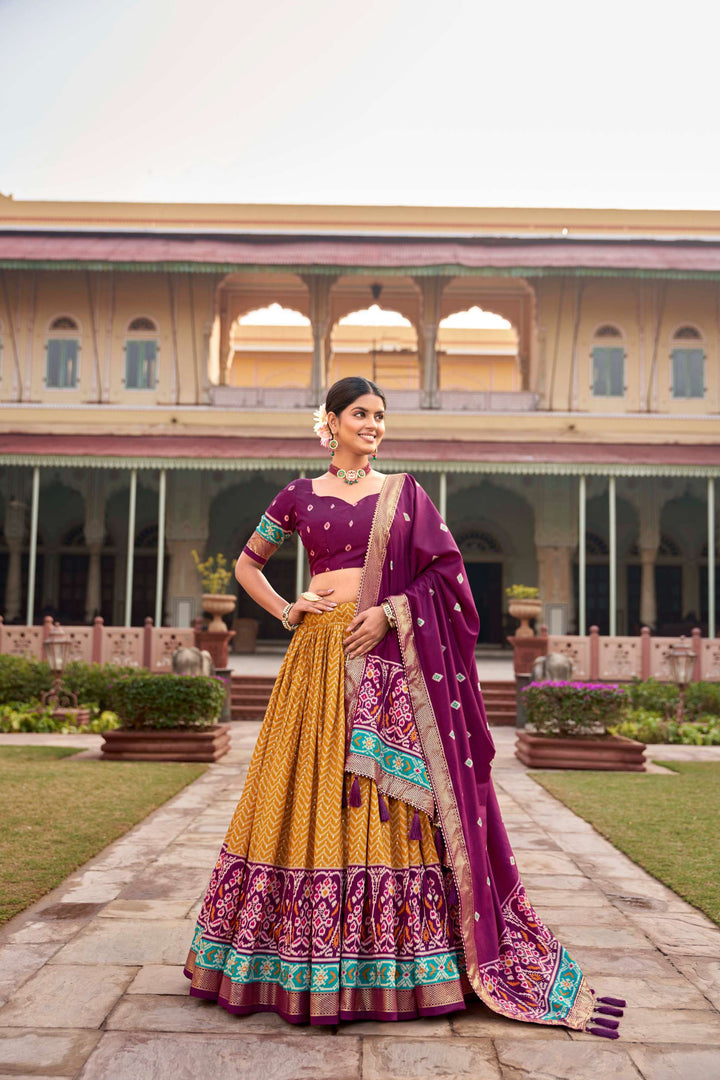 Mustard Yellow Tussar Silk Printed Lehenga Choli - PAHRAVA