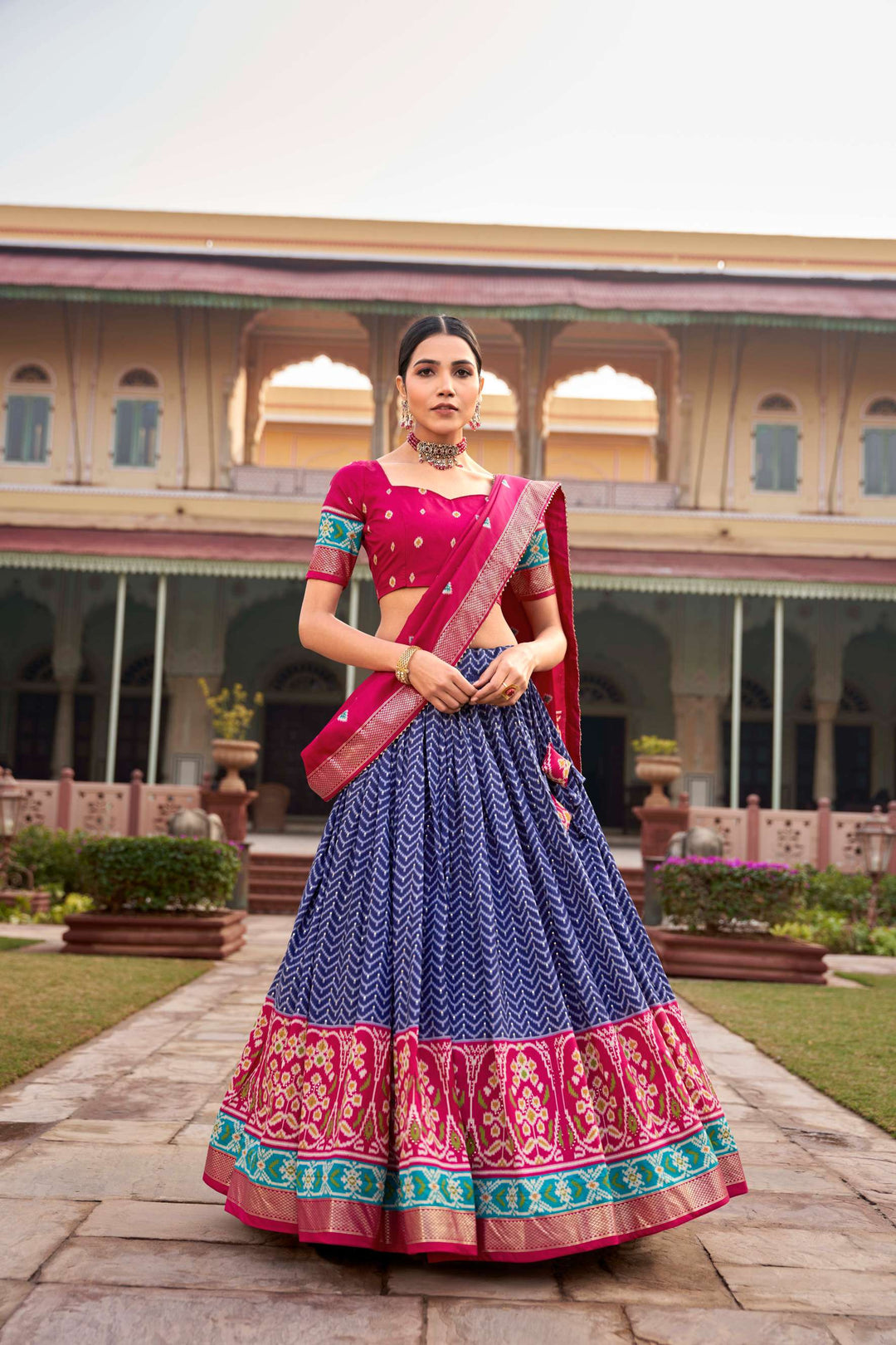 Navy Blue Tussar Silk Printed Lehenga Choli - PAHRAVA