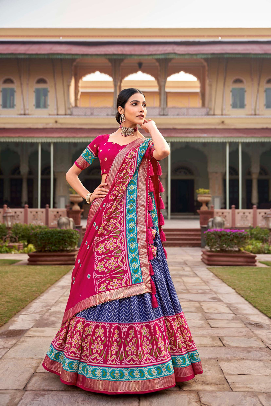 Navy Blue Tussar Silk Printed Lehenga Choli - PAHRAVA