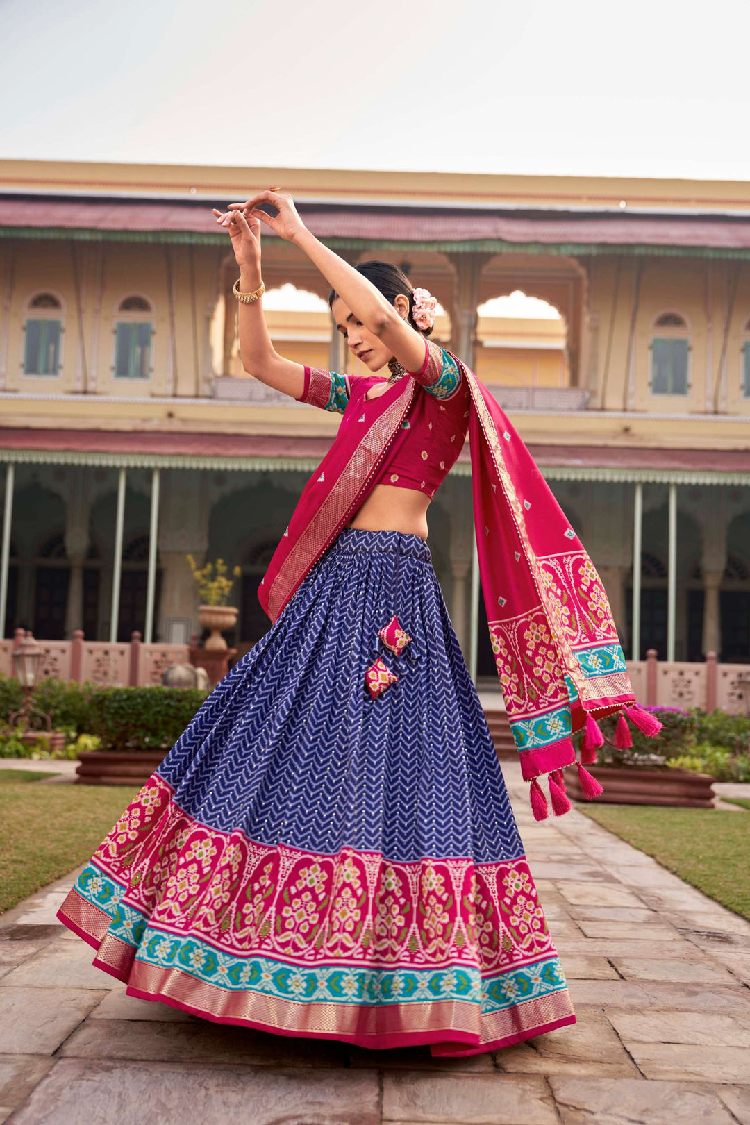 Navy Blue Tussar Silk Printed Lehenga Choli - PAHRAVA