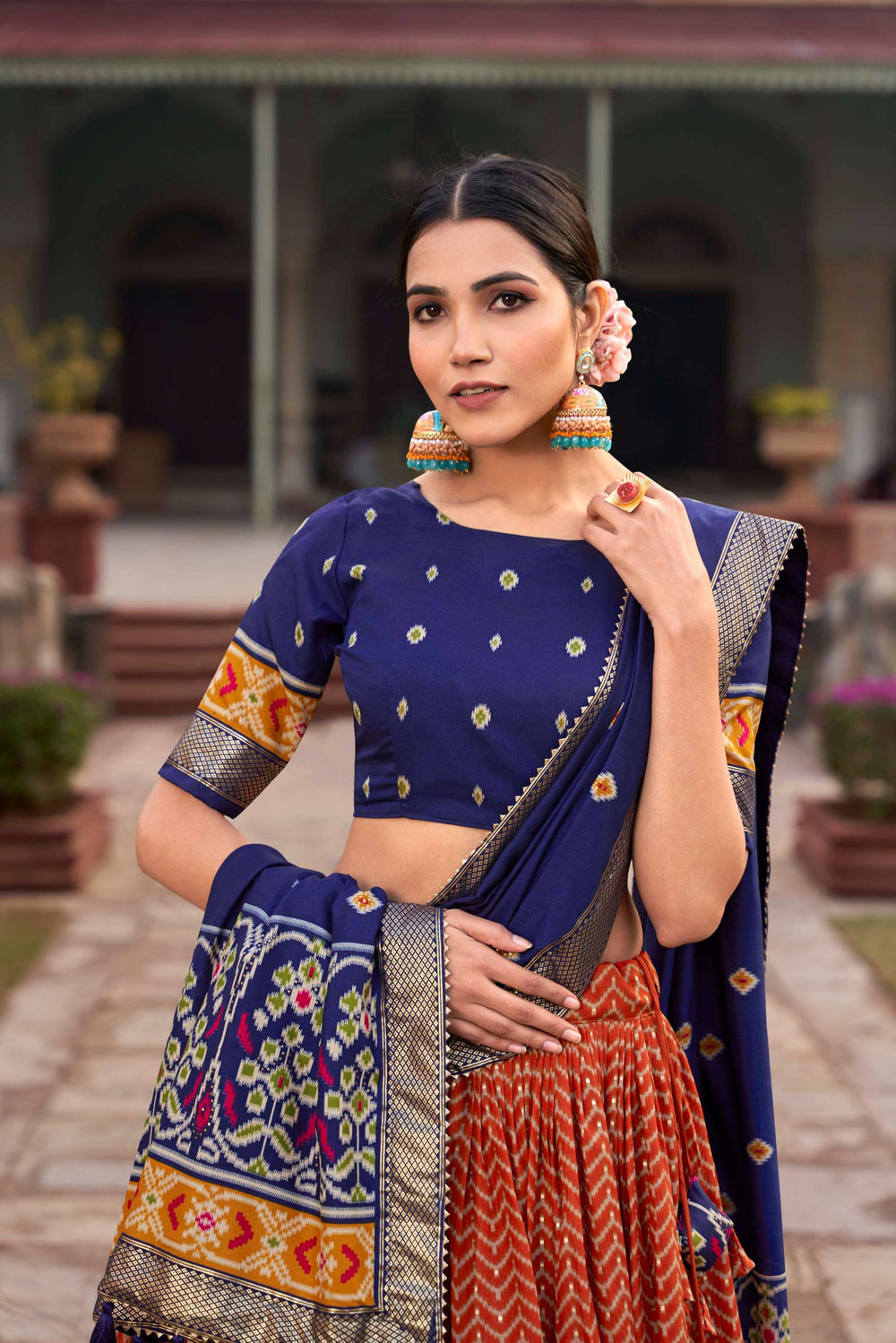 Bright Orange Tussar Silk Printed Lehenga Choli - PAHRAVA