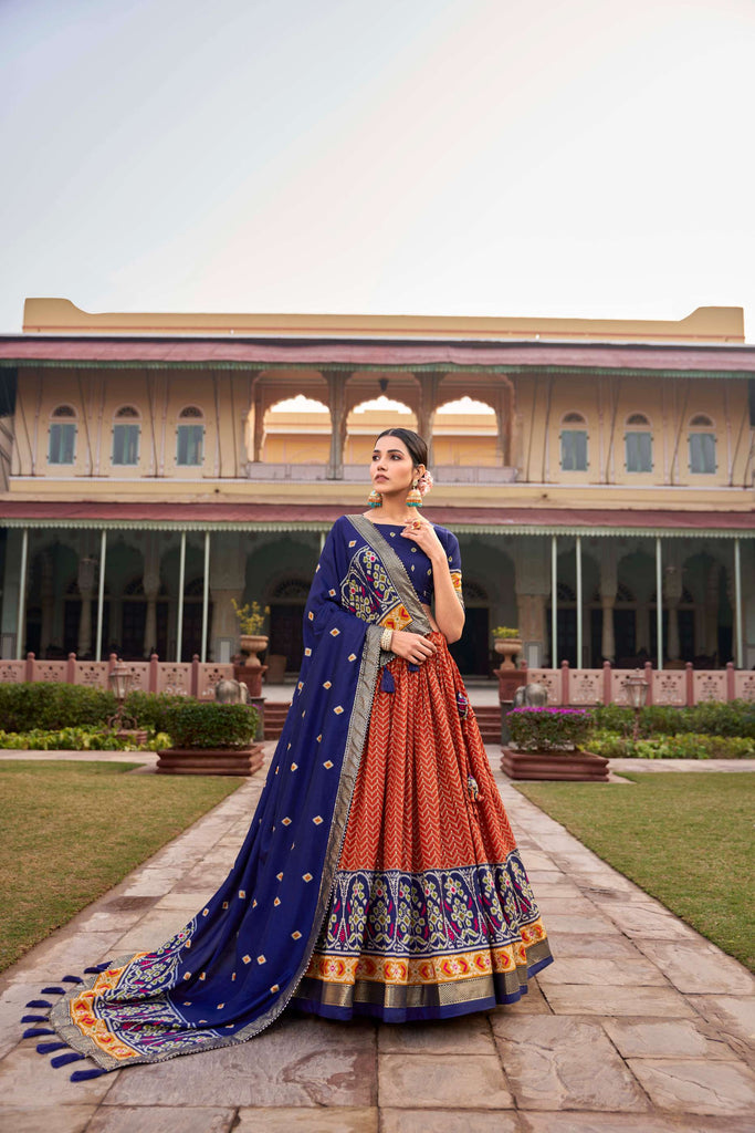 Bright Orange Tussar Silk Printed Lehenga Choli - PAHRAVA