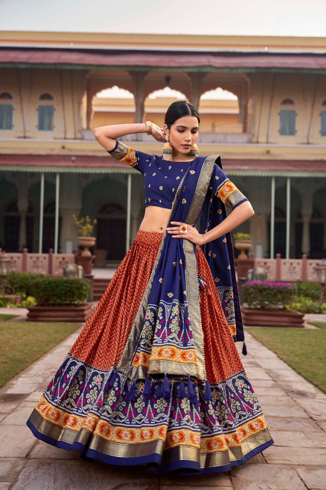 Bright Orange Tussar Silk Printed Lehenga Choli - PAHRAVA