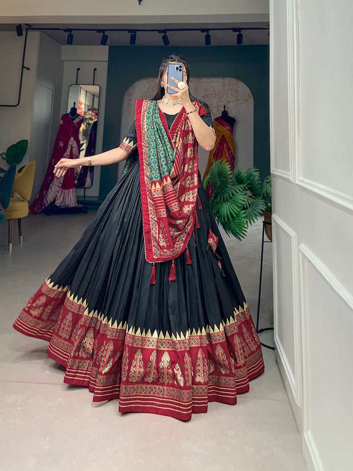 Ink Black Tussar Silk with Intricate Prints Lehenga Choli - PAHRAVA