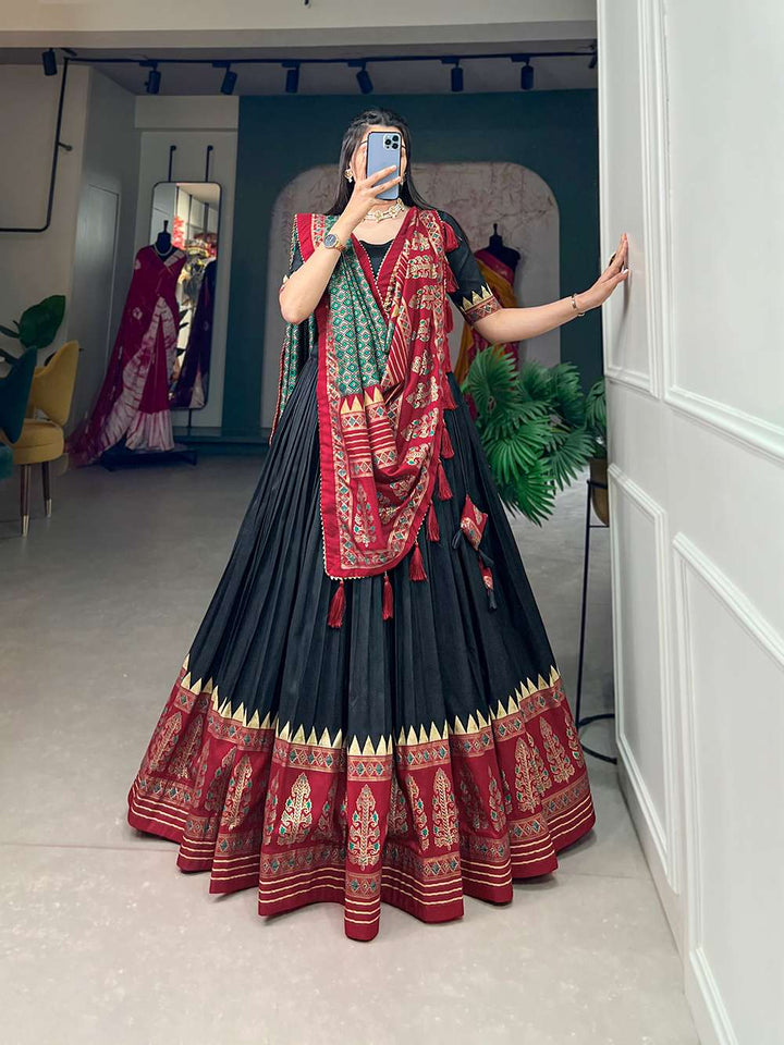 Ink Black Tussar Silk with Intricate Prints Lehenga Choli - PAHRAVA