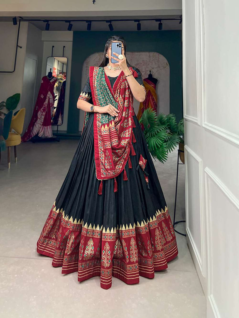 Ink Black Tussar Silk with Intricate Prints Lehenga Choli - PAHRAVA