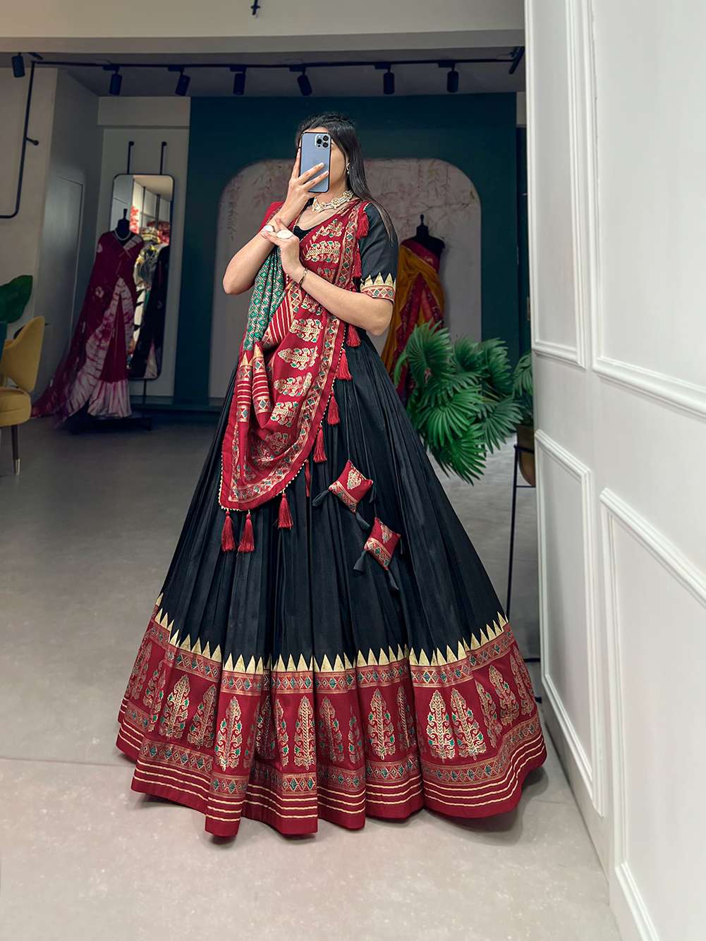 Ink Black Tussar Silk with Intricate Prints Lehenga Choli - PAHRAVA