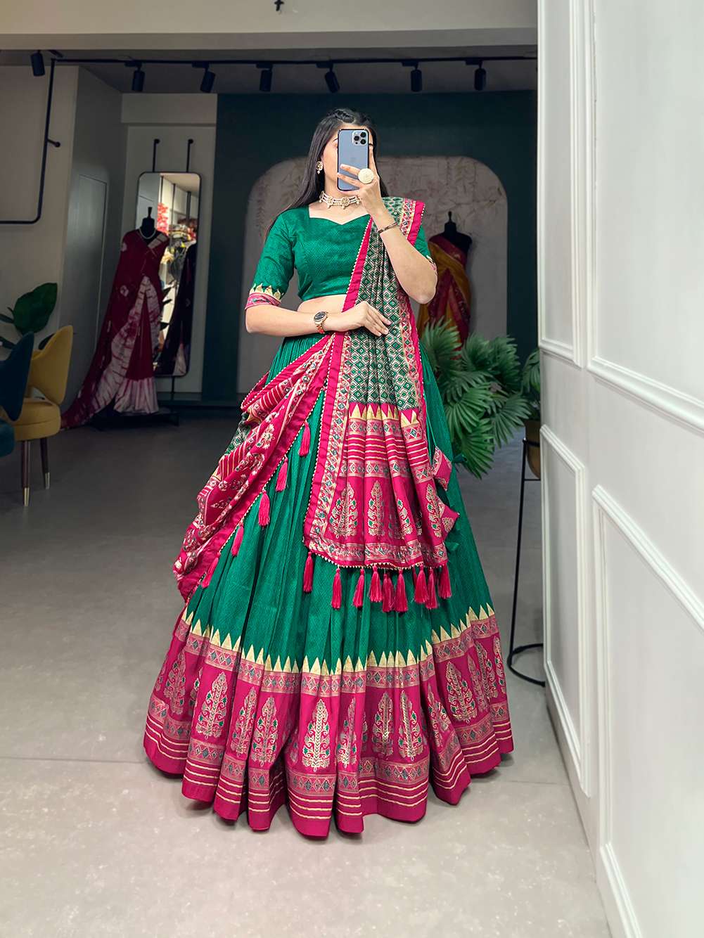 Peacock Green Tussar Silk with Intricate Prints Lehenga Choli - PAHRAVA