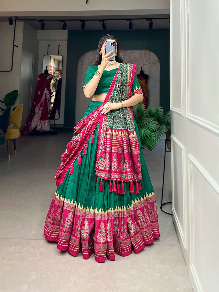 Peacock Green Tussar Silk with Intricate Prints Lehenga Choli - PAHRAVA