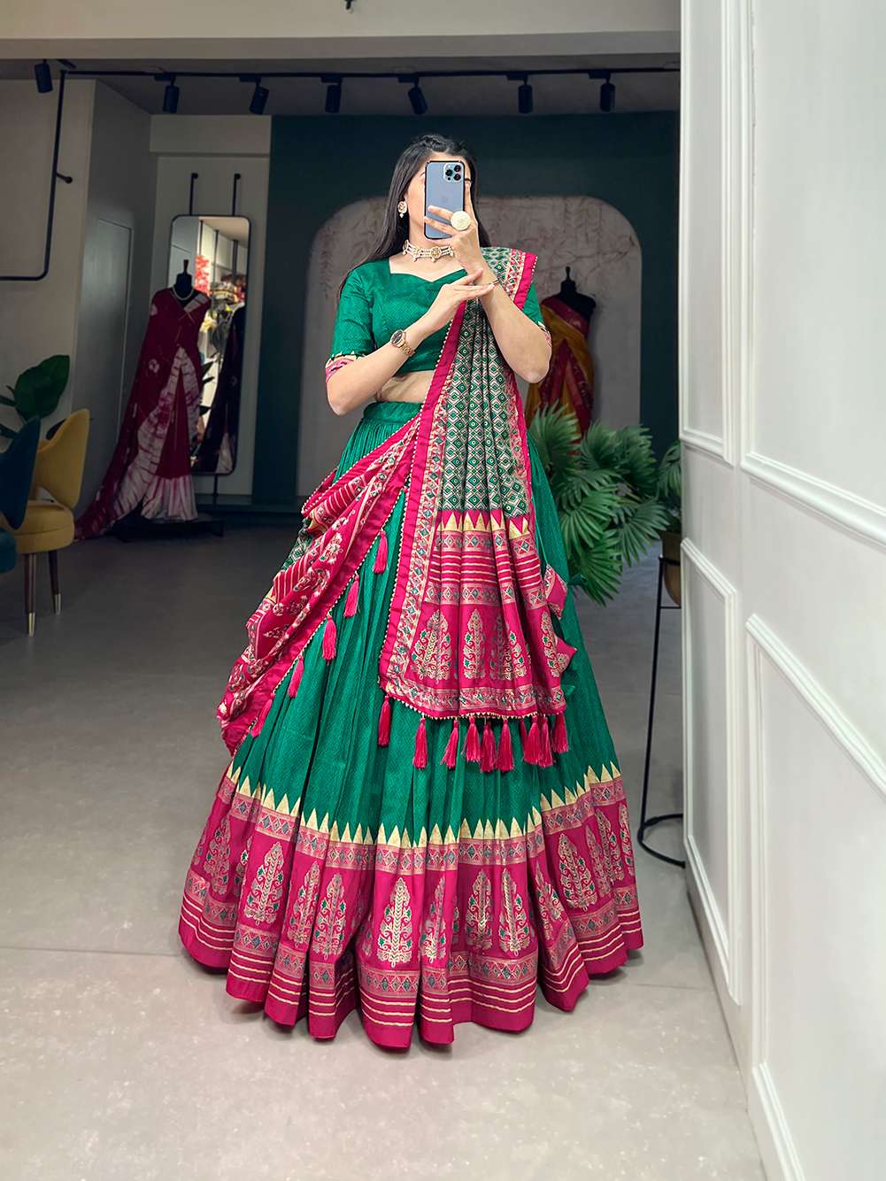 Peacock Green Tussar Silk with Intricate Prints Lehenga Choli - PAHRAVA