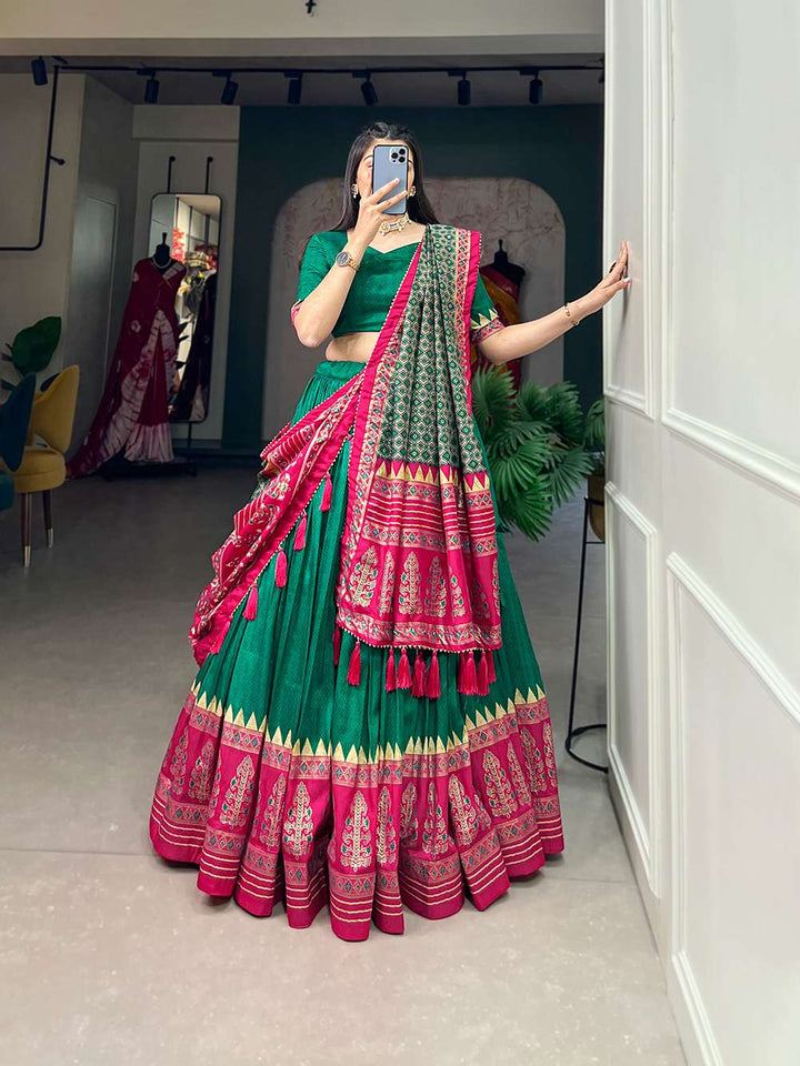 Peacock Green Tussar Silk with Intricate Prints Lehenga Choli - PAHRAVA