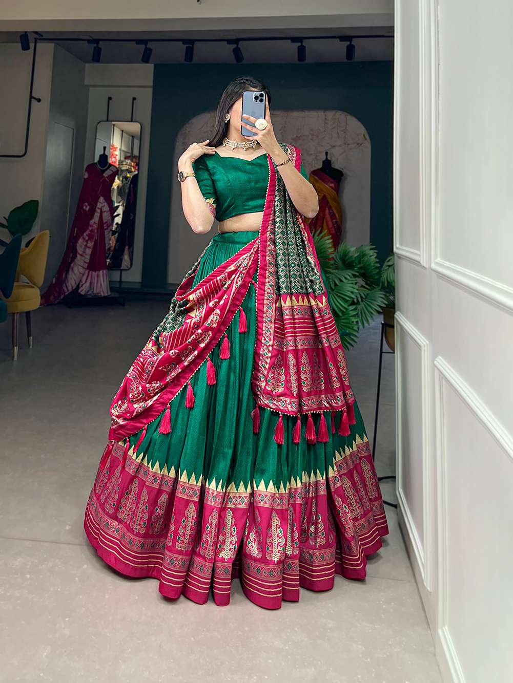 Peacock Green Tussar Silk with Intricate Prints Lehenga Choli - PAHRAVA