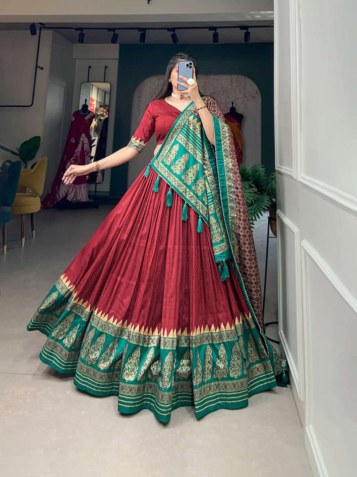 Ruby Red Tussar Silk with Intricate Prints Lehenga Choli - PAHRAVA