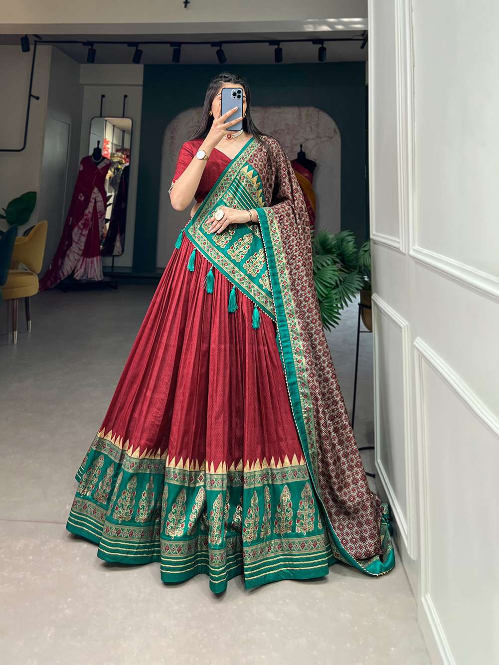 Ruby Red Tussar Silk with Intricate Prints Lehenga Choli - PAHRAVA