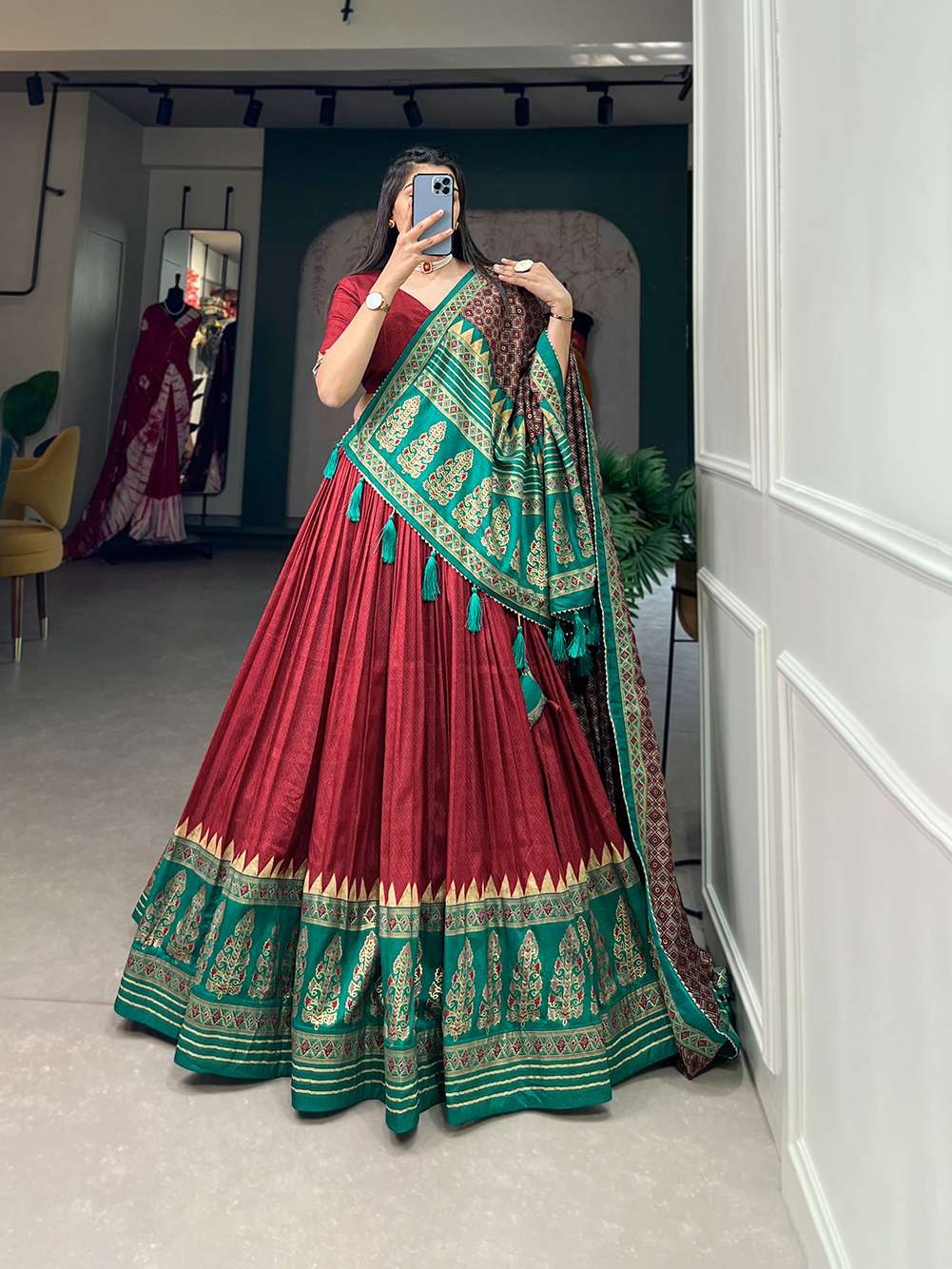 Ruby Red Tussar Silk with Intricate Prints Lehenga Choli - PAHRAVA