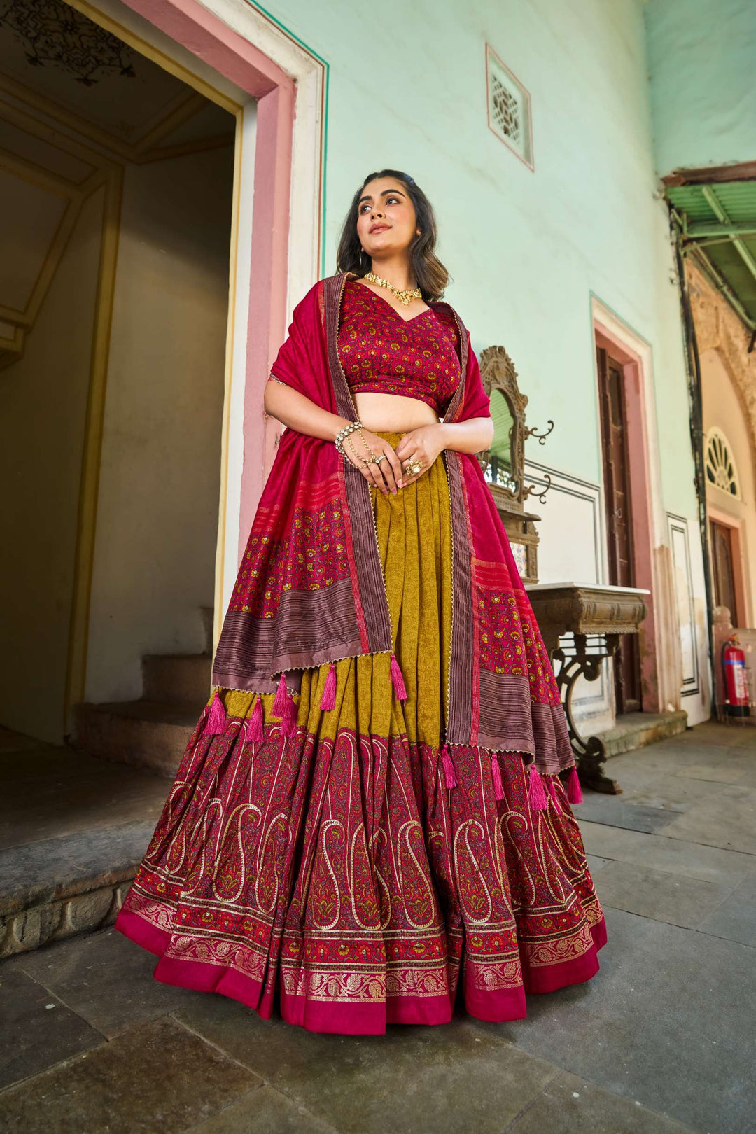 Mustard Yellow Kashmiri Print Tussar Silk Lehenga Choli - PAHRAVA