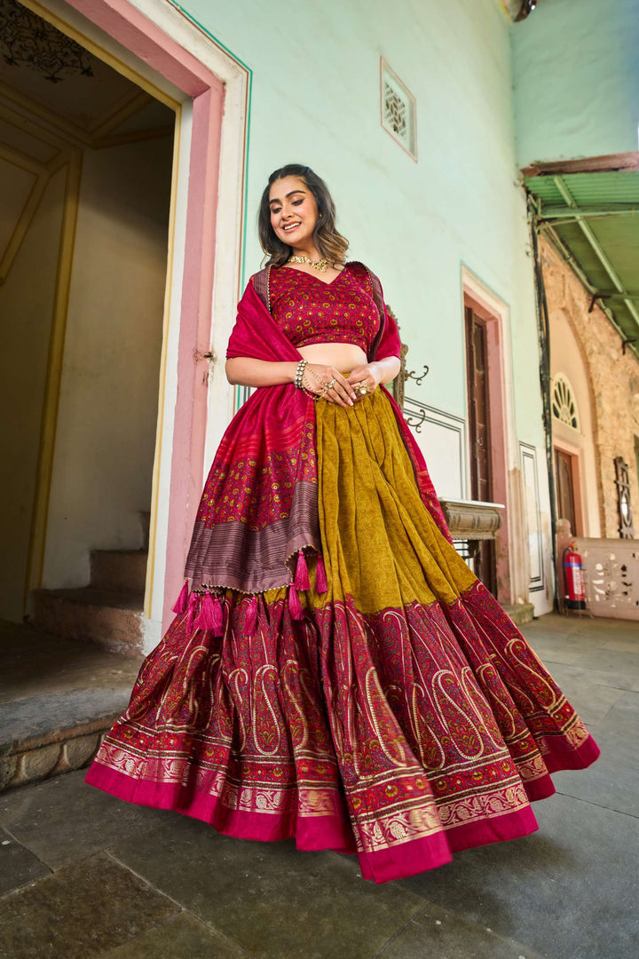 Mustard Yellow Kashmiri Print Tussar Silk Lehenga Choli - PAHRAVA