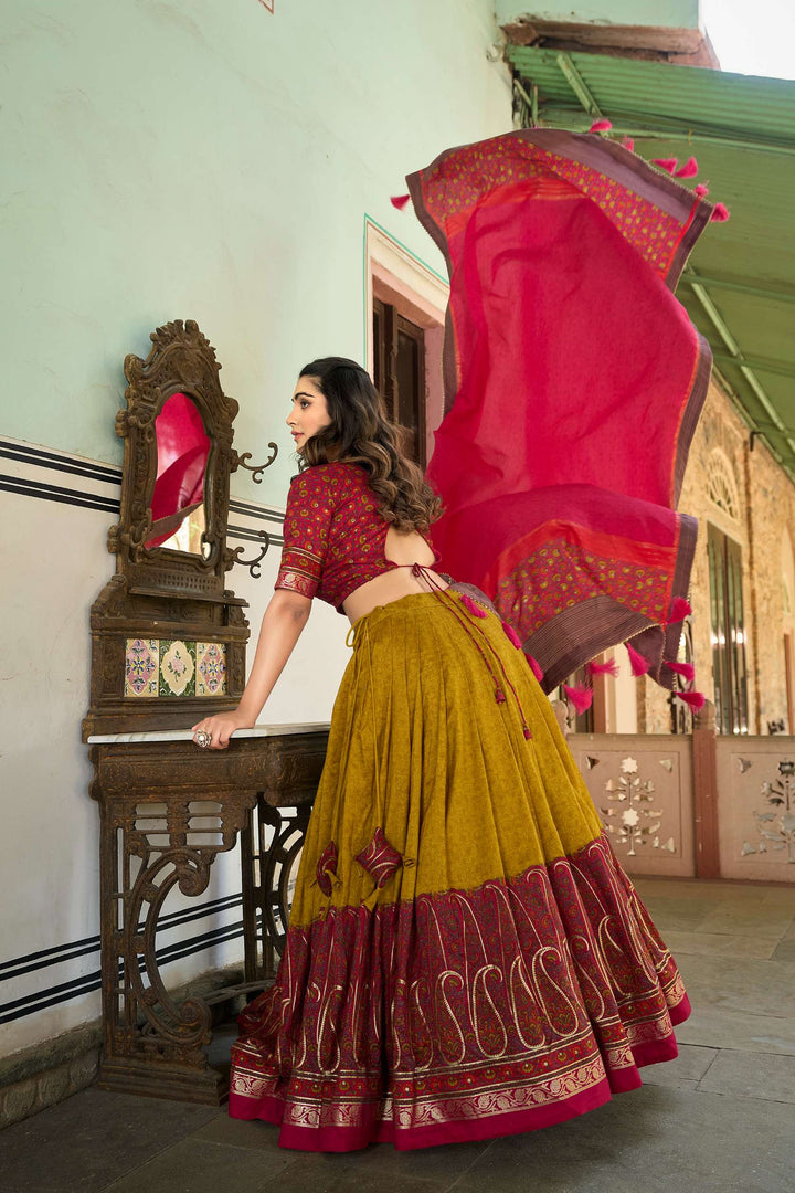 Mustard Yellow Kashmiri Print Tussar Silk Lehenga Choli - PAHRAVA