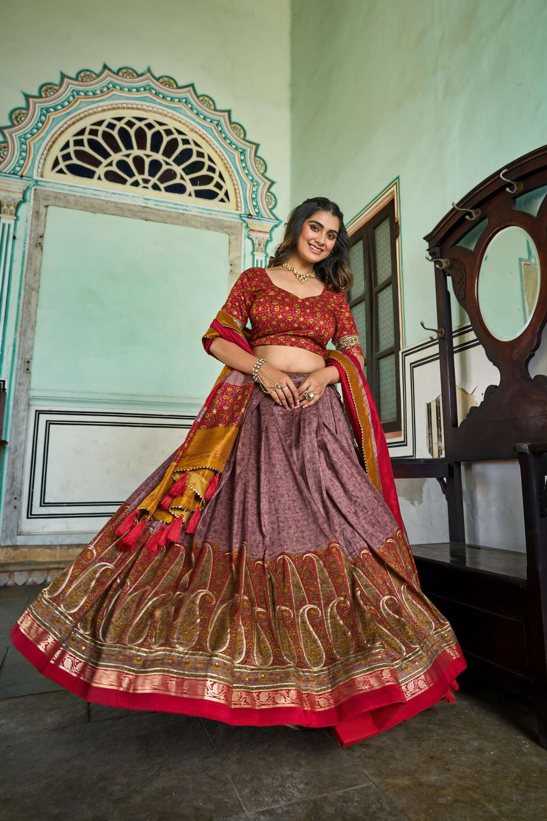 Turkish Lavender Kashmiri Print Tussar Silk Lehenga Choli - PAHRAVA