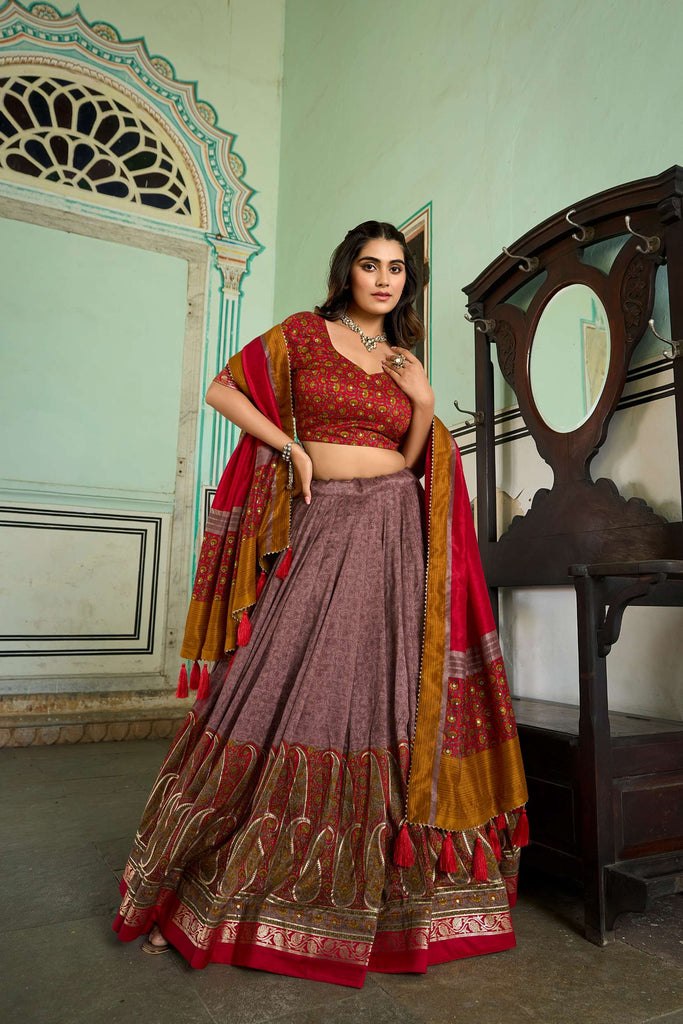 Turkish Lavender Kashmiri Print Tussar Silk Lehenga Choli - PAHRAVA