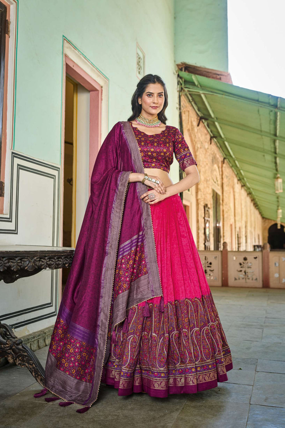 Queen Pink Kashmiri Print Tussar Silk Lehenga Choli - PAHRAVA