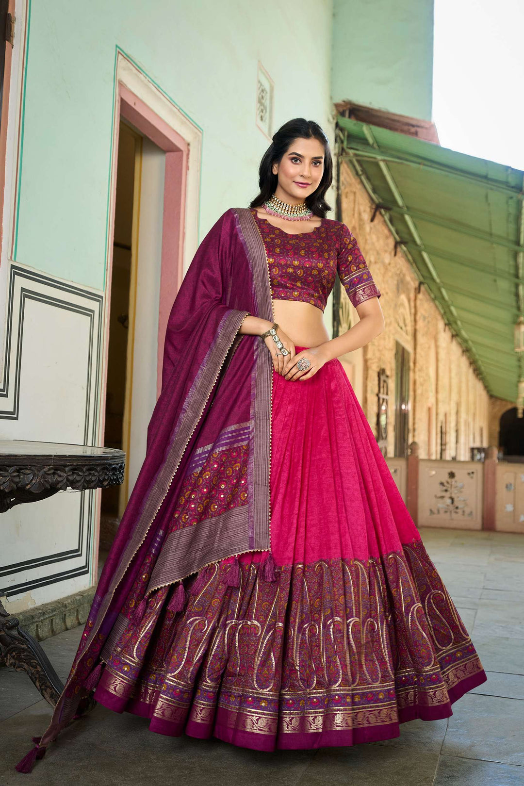 Queen Pink Kashmiri Print Tussar Silk Lehenga Choli - PAHRAVA