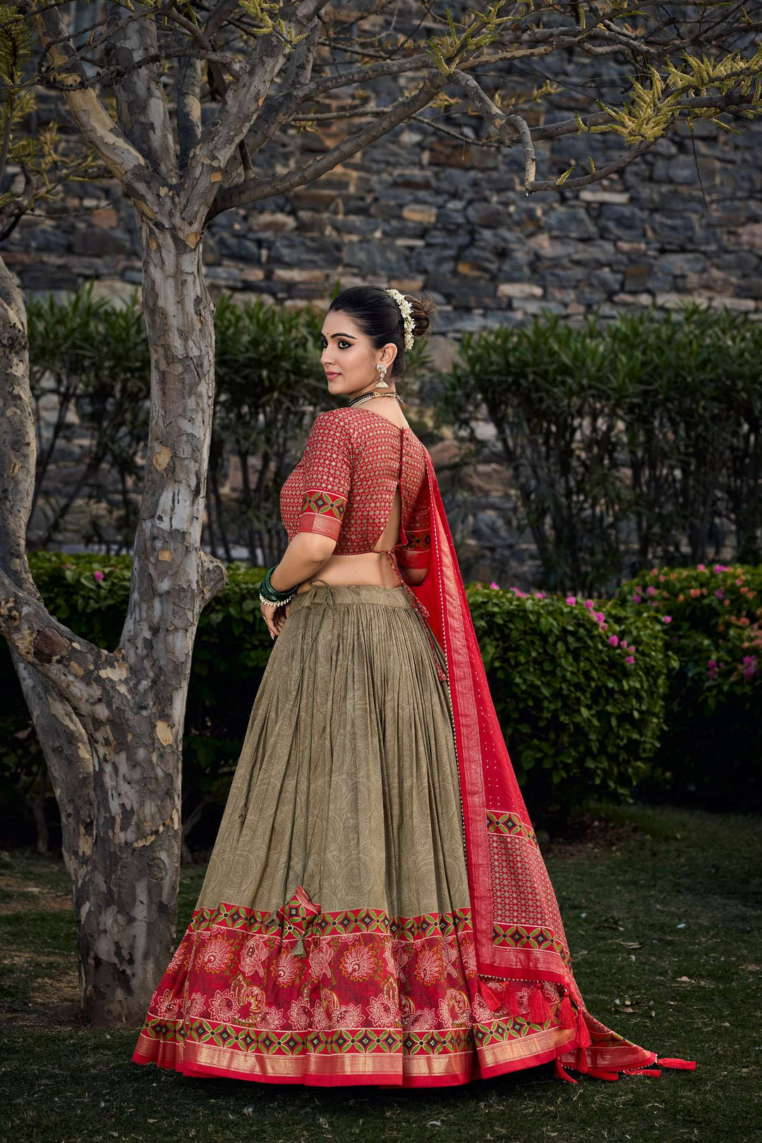 Mahendi Green Tussar Silk Printed Lehenga Choli - PAHRAVA