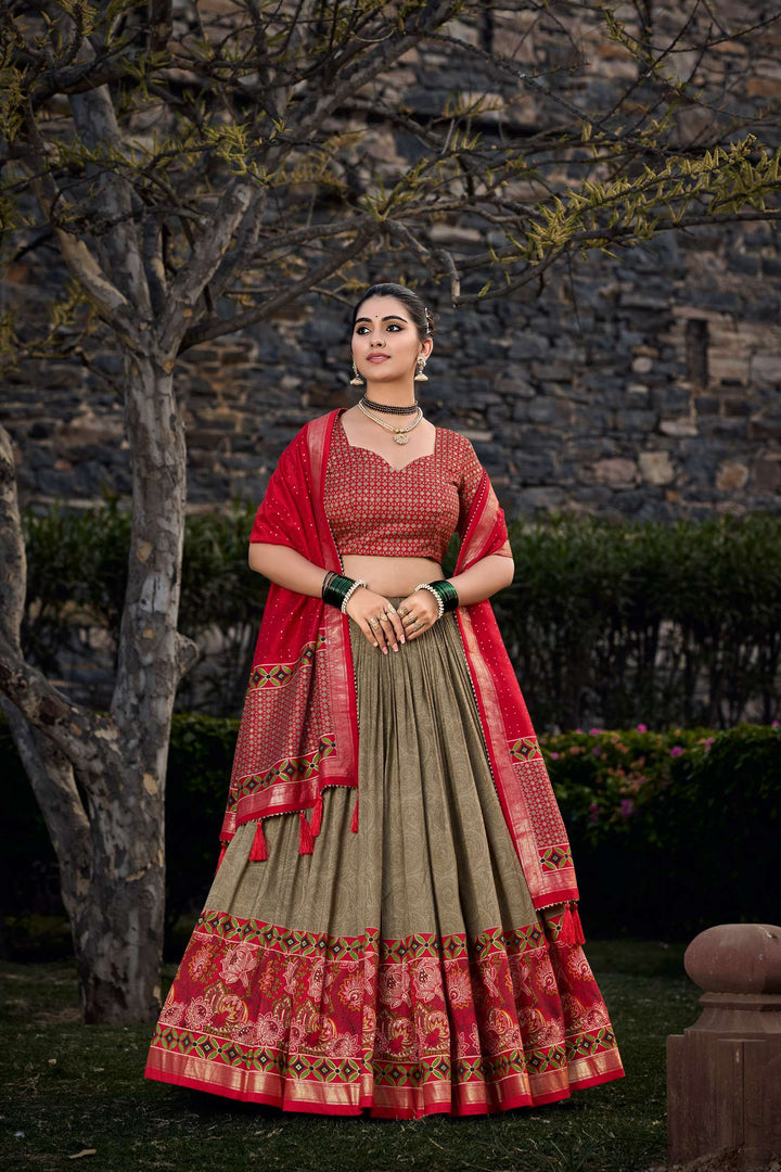 Mahendi Green Tussar Silk Printed Lehenga Choli - PAHRAVA