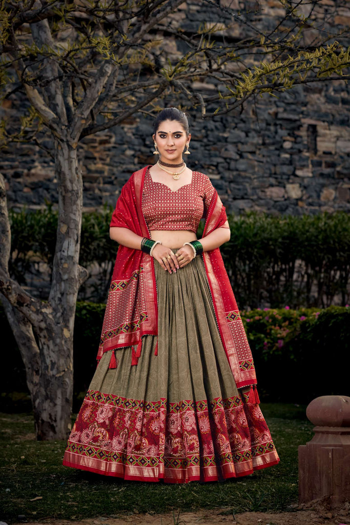 Mahendi Green Tussar Silk Printed Lehenga Choli - PAHRAVA