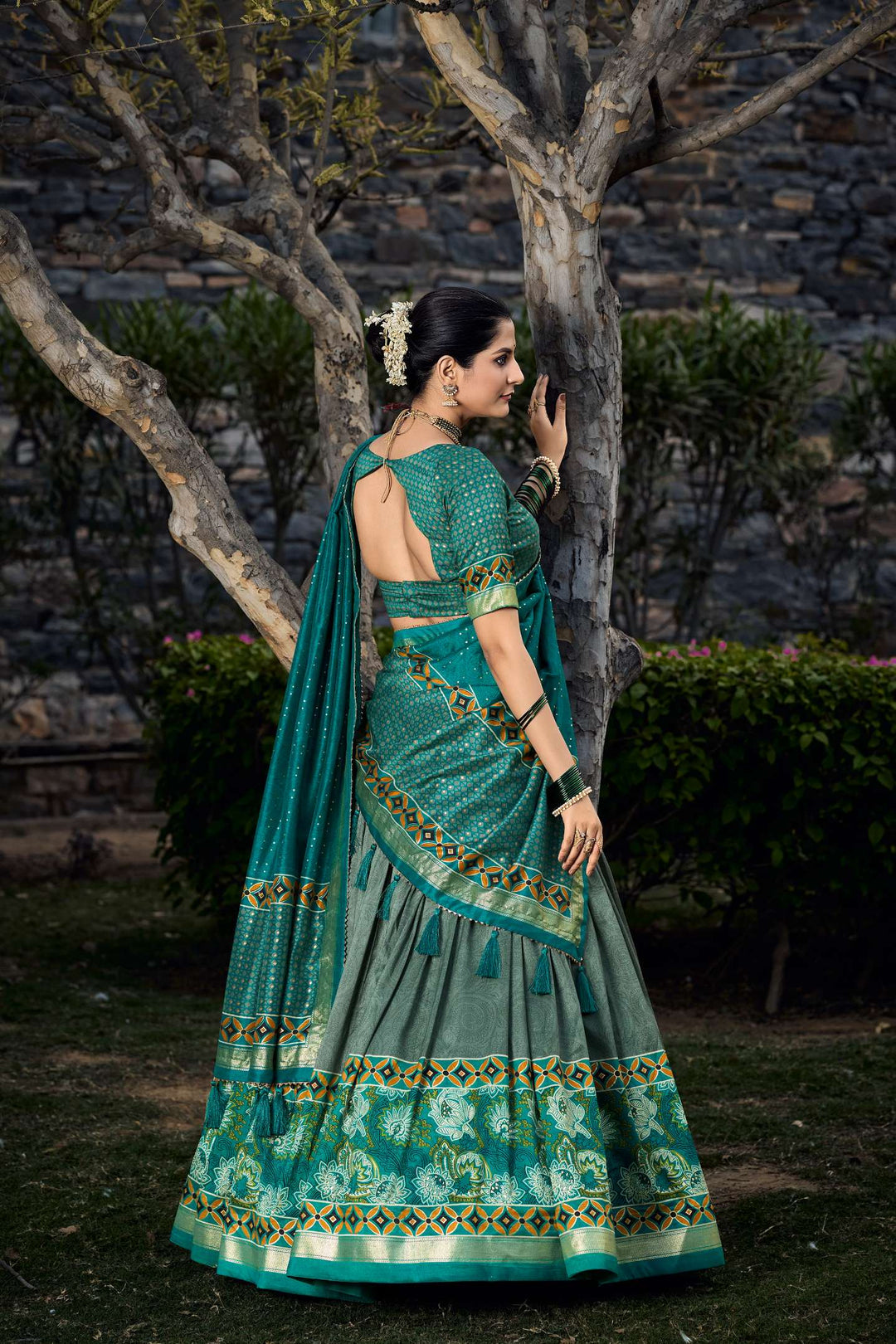 Teal Green Tussar Silk Printed Lehenga Choli - PAHRAVA