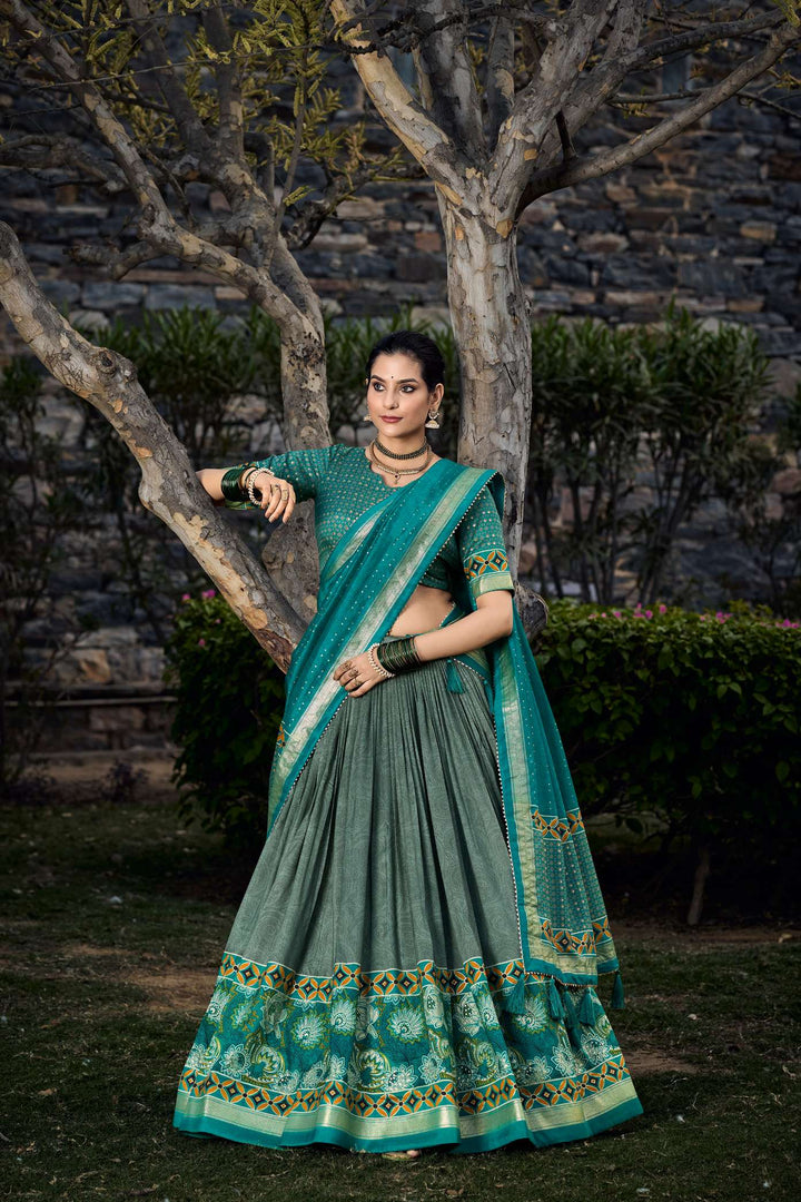 Teal Green Tussar Silk Printed Lehenga Choli - PAHRAVA