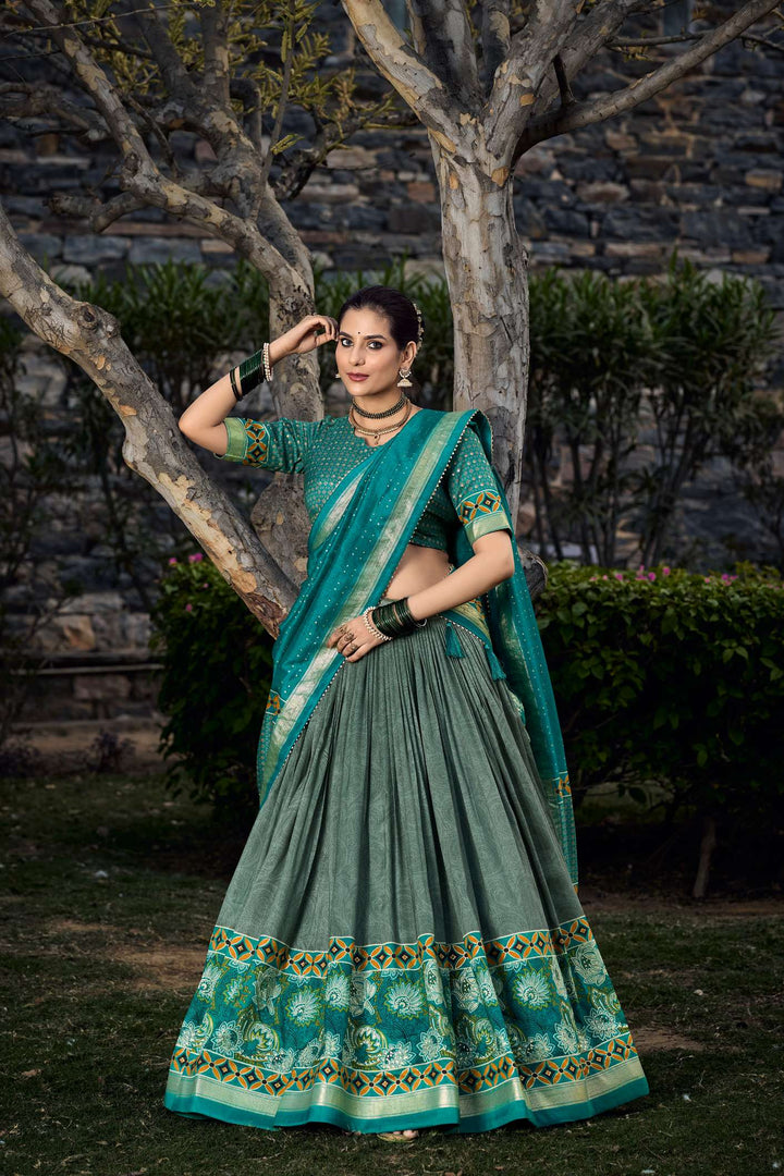 Teal Green Tussar Silk Printed Lehenga Choli - PAHRAVA