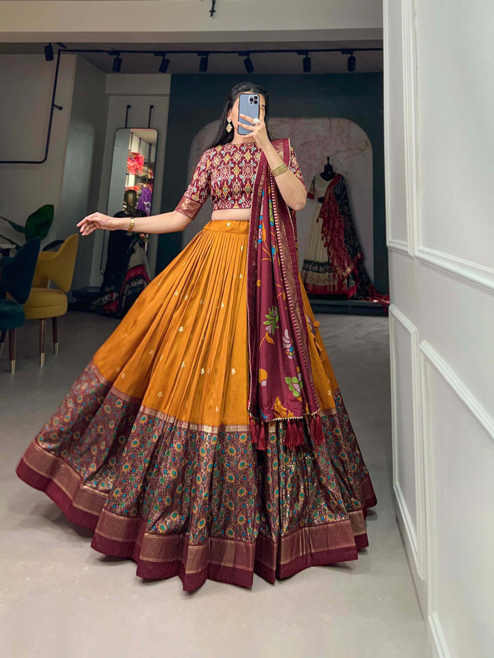 Mustard Orange Tussar Silk Lehenga set with Timeless Prints - PAHRAVA