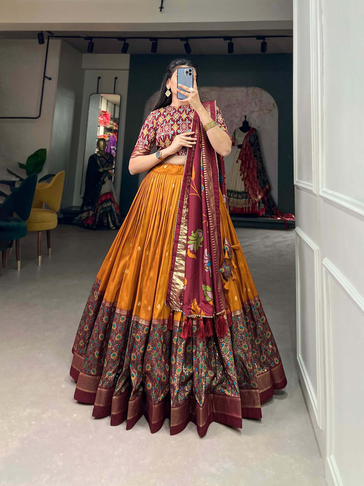 Mustard Orange Tussar Silk Lehenga set with Timeless Prints - PAHRAVA