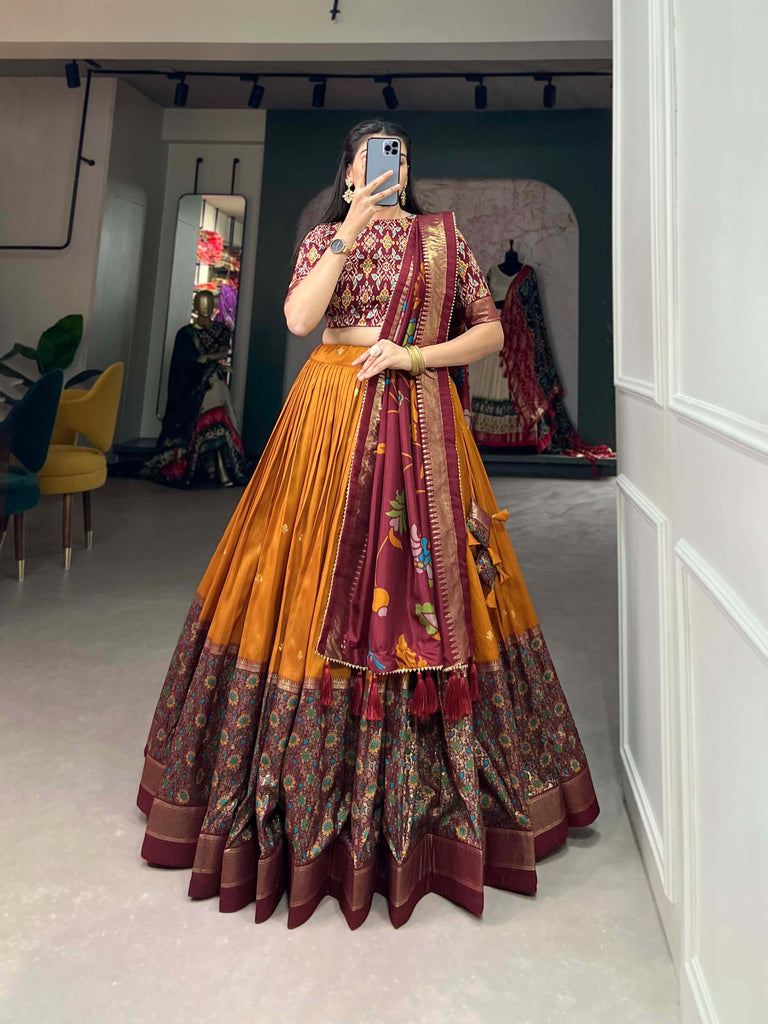 Mustard Orange Tussar Silk Lehenga set with Timeless Prints - PAHRAVA