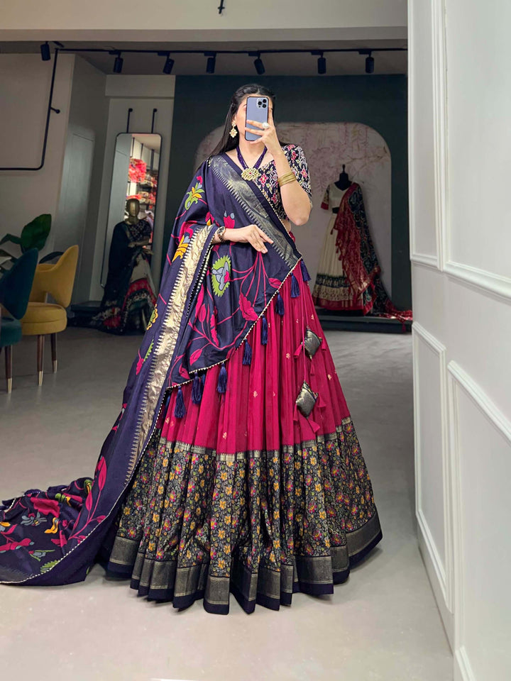 Hot Pink Tussar Silk Lehenga set with Timeless Prints - PAHRAVA