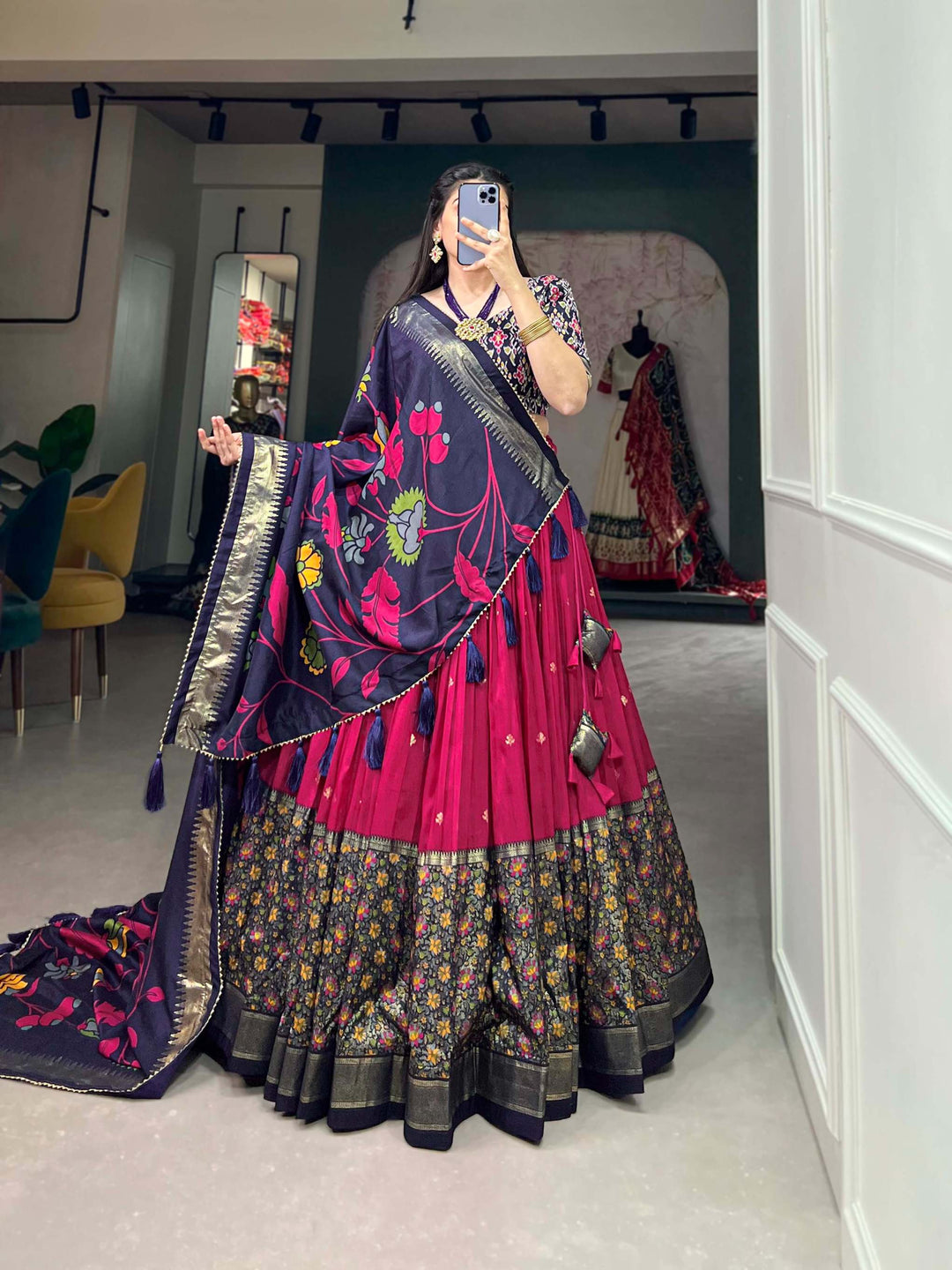 Hot Pink Tussar Silk Lehenga set with Timeless Prints - PAHRAVA