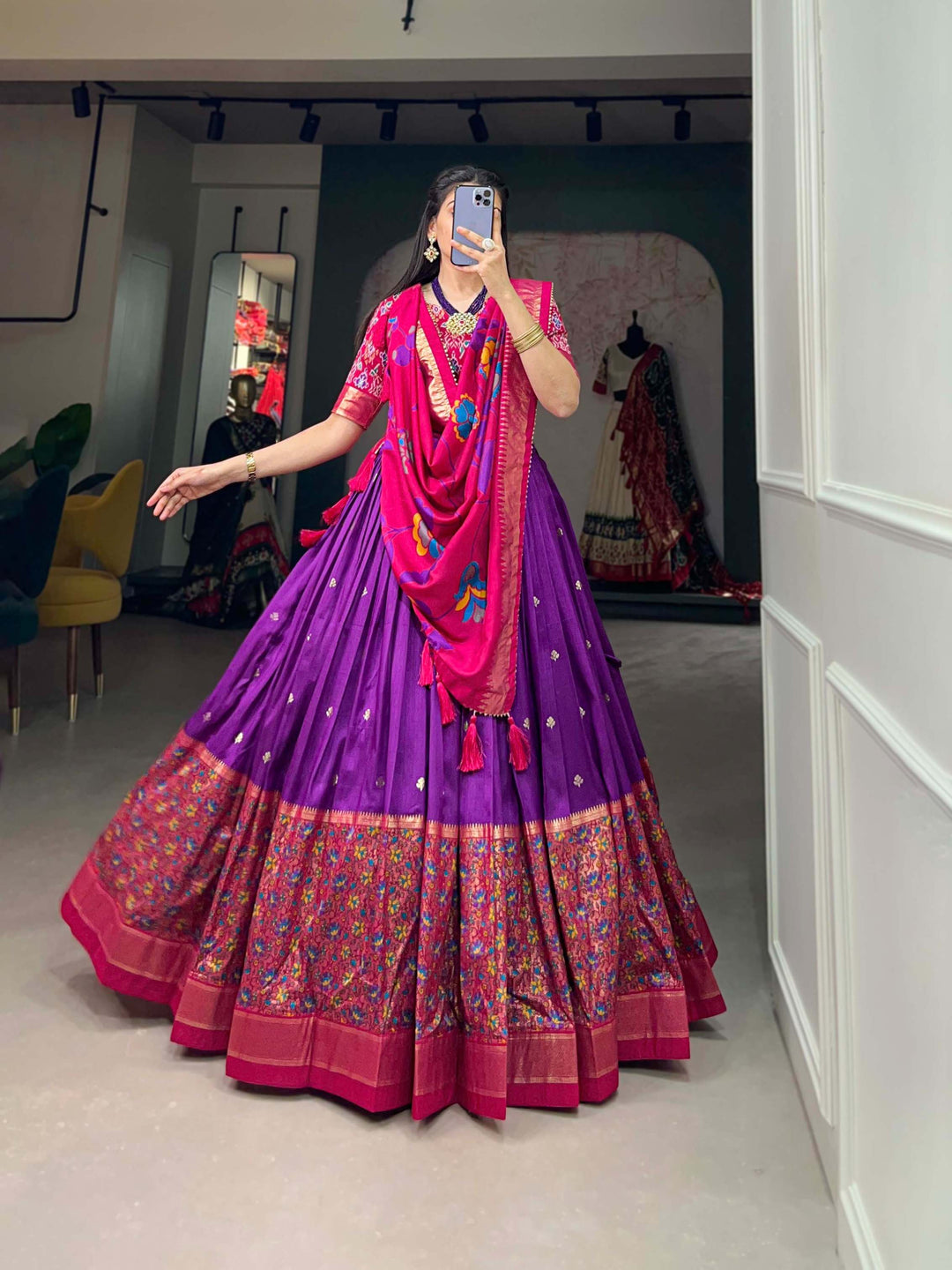 Royal Purple Tussar Silk Lehenga set with Timeless Prints - PAHRAVA