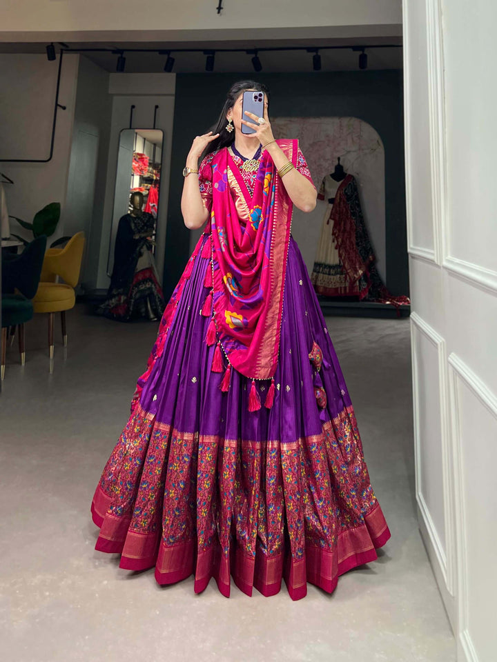 Royal Purple Tussar Silk Lehenga set with Timeless Prints - PAHRAVA