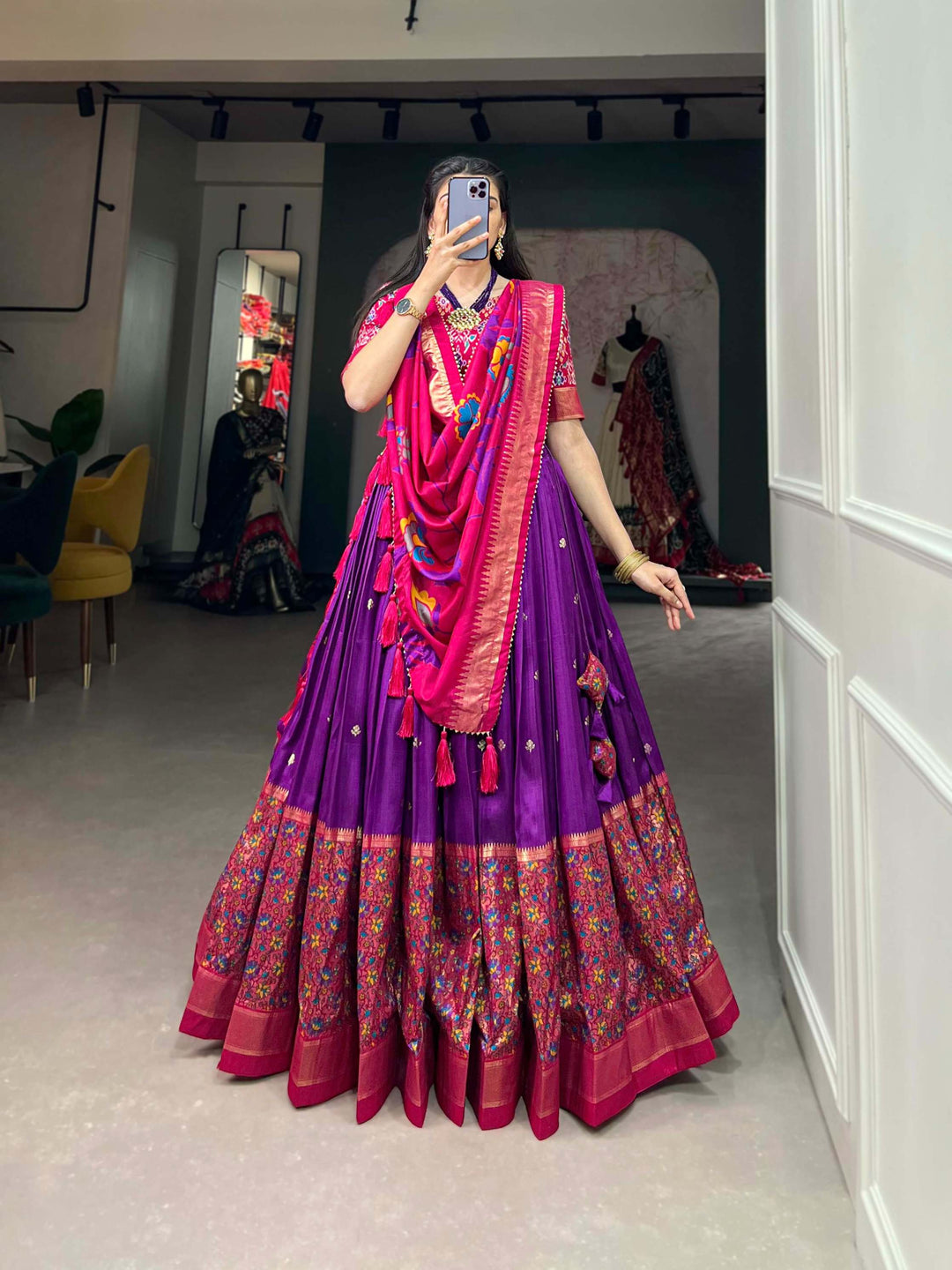 Royal Purple Tussar Silk Lehenga set with Timeless Prints - PAHRAVA