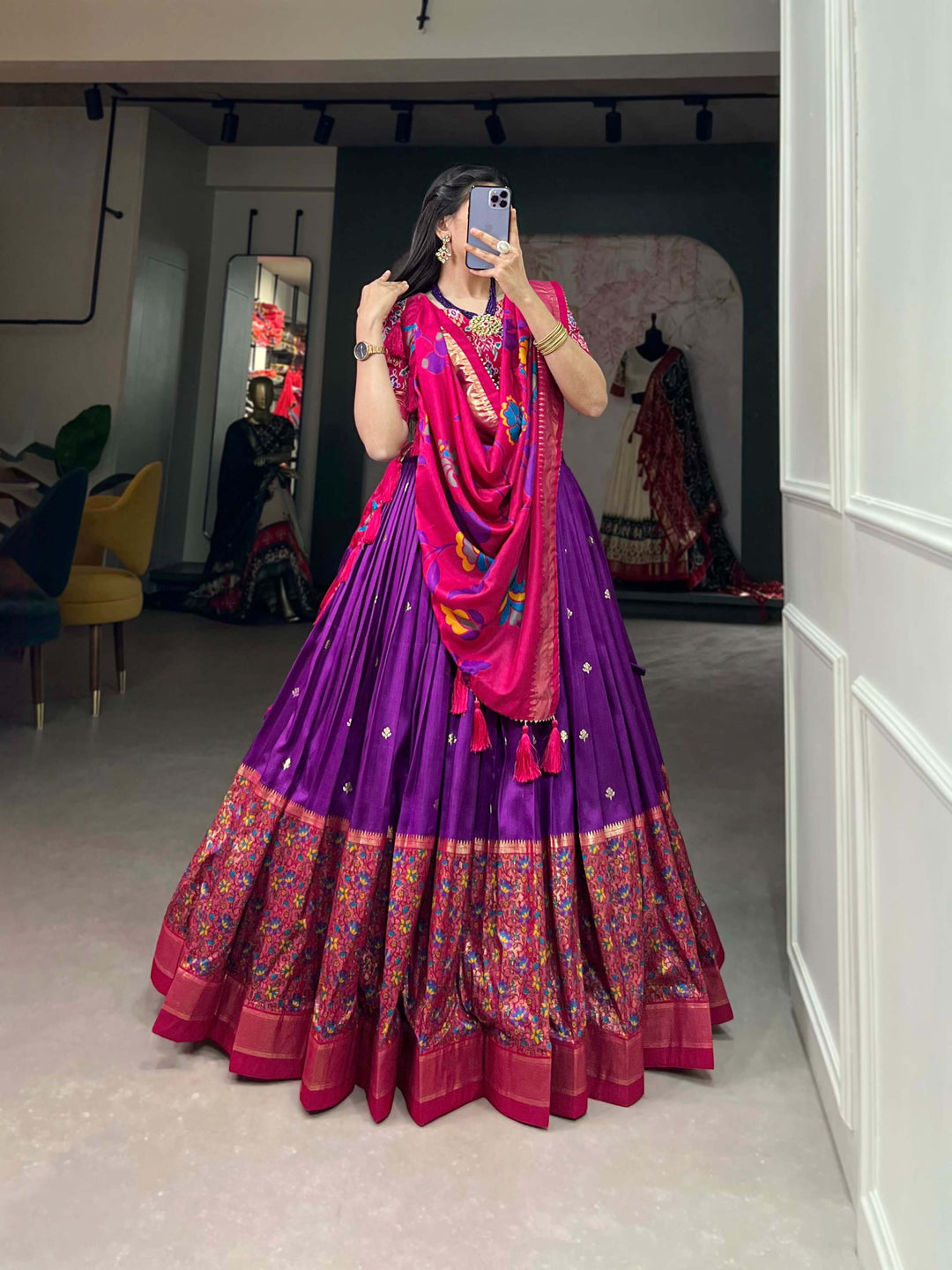 Royal Purple Tussar Silk Lehenga set with Timeless Prints - PAHRAVA