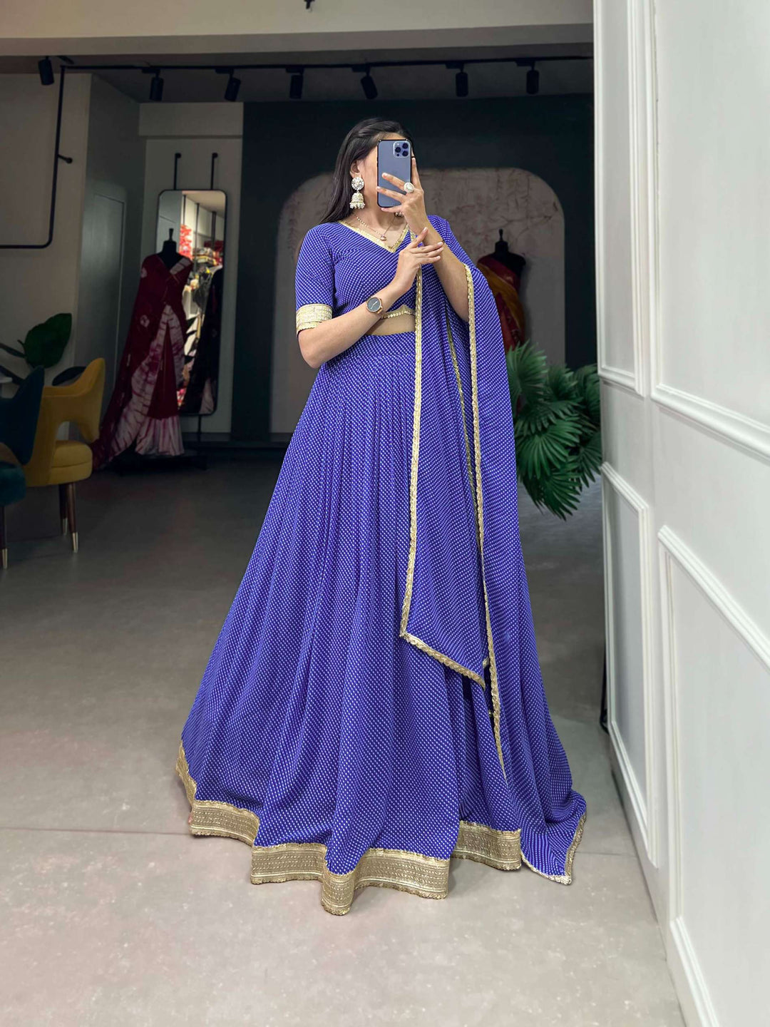 Persian Blue Dot Print Georgette Lehenga Choli - PAHRAVA