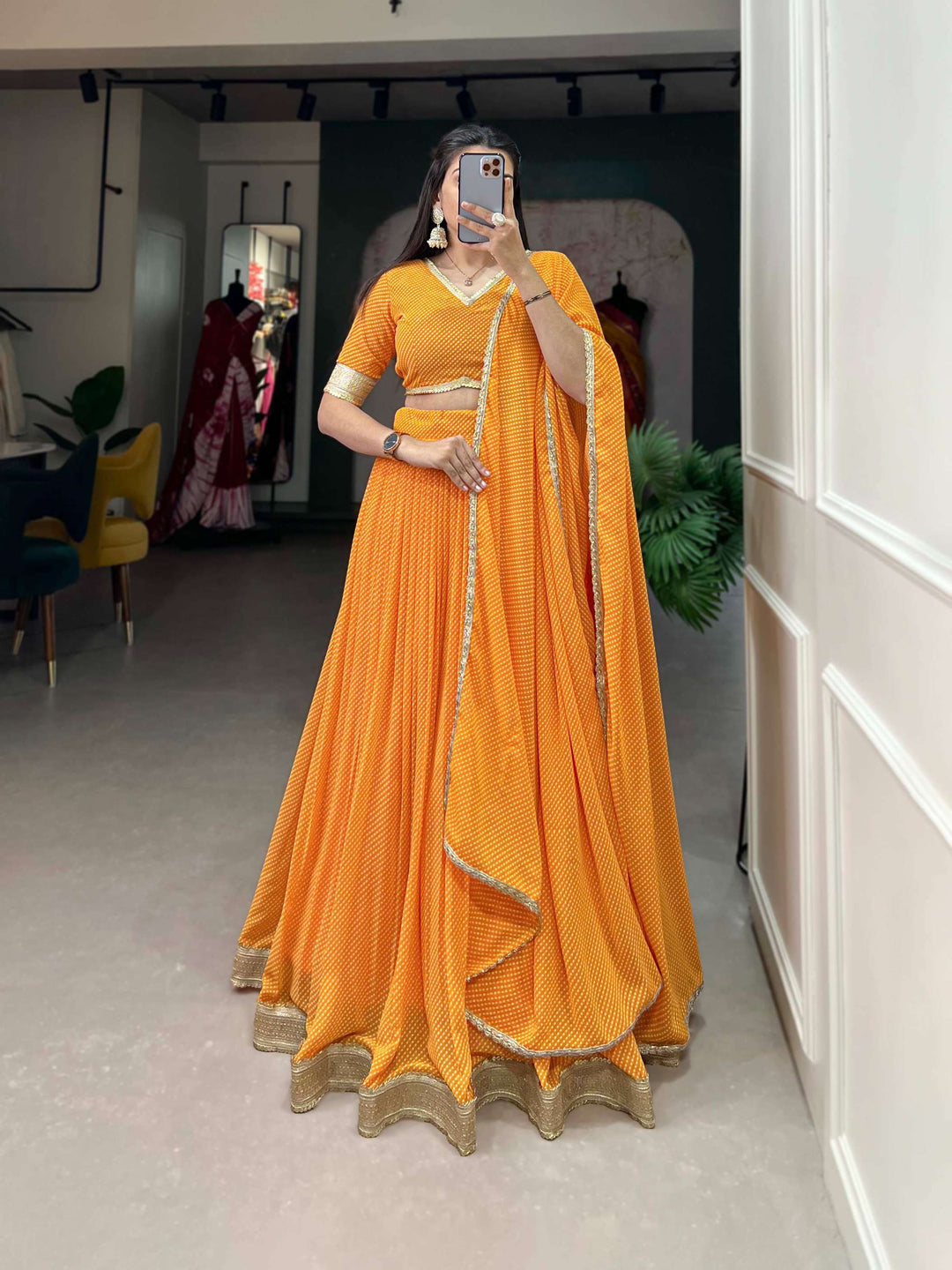 Soft Orange Dot Print Georgette Lehenga Choli - PAHRAVA