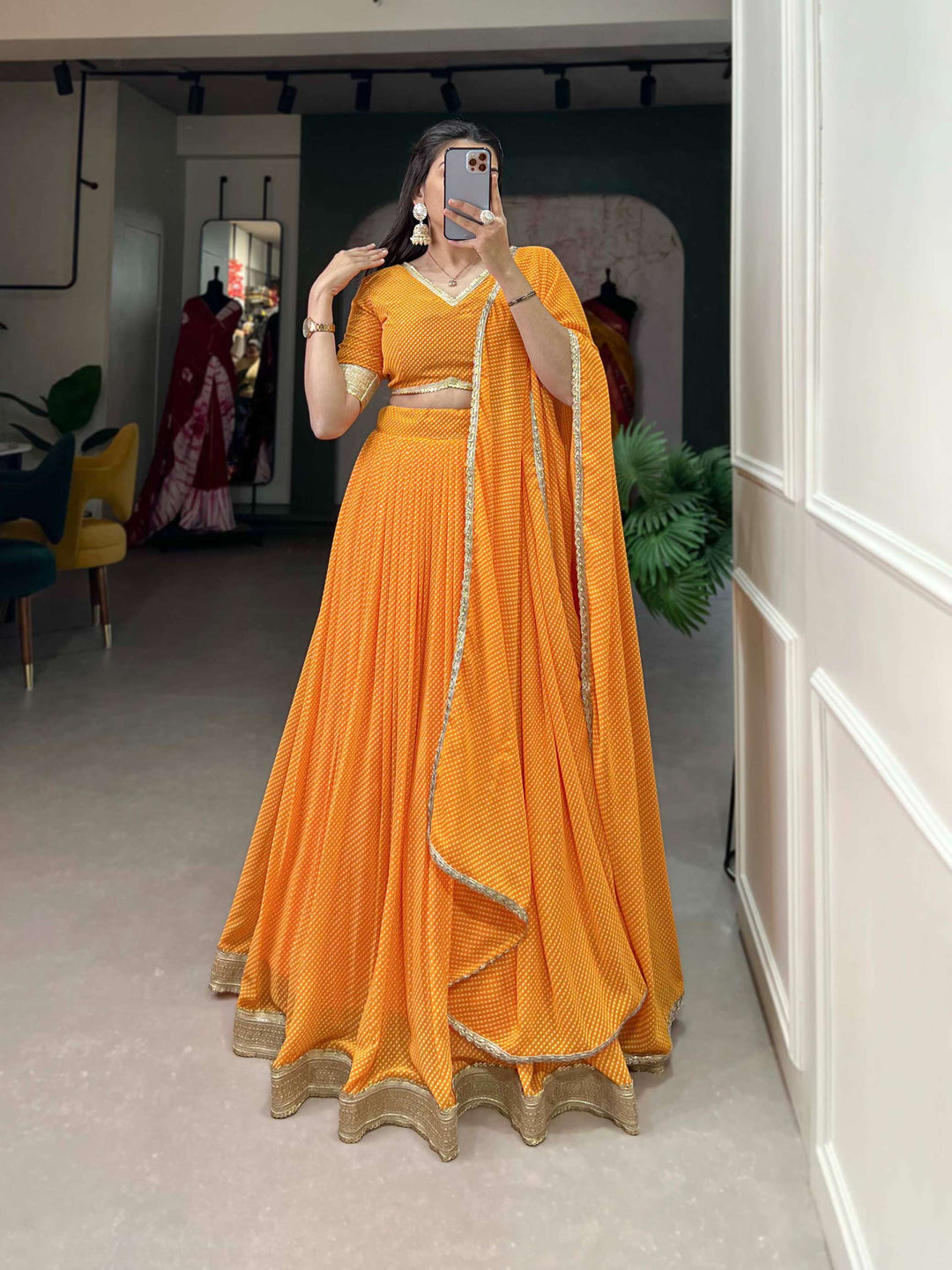 Soft Orange Dot Print Georgette Lehenga Choli - PAHRAVA