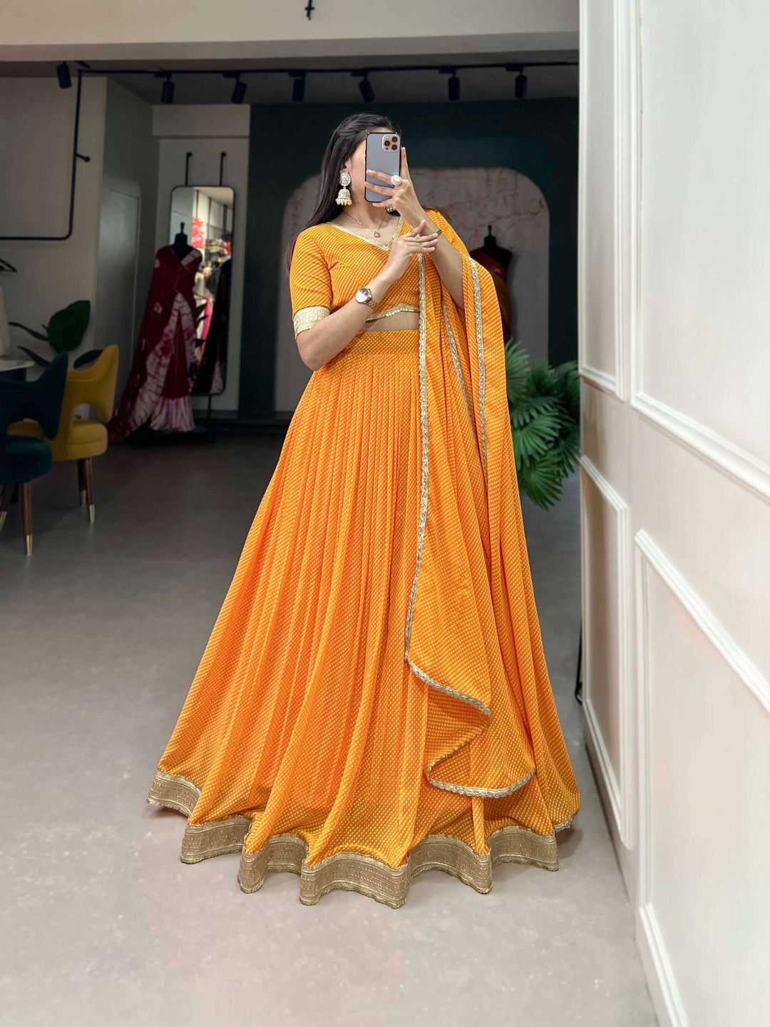 Soft Orange Dot Print Georgette Lehenga Choli - PAHRAVA