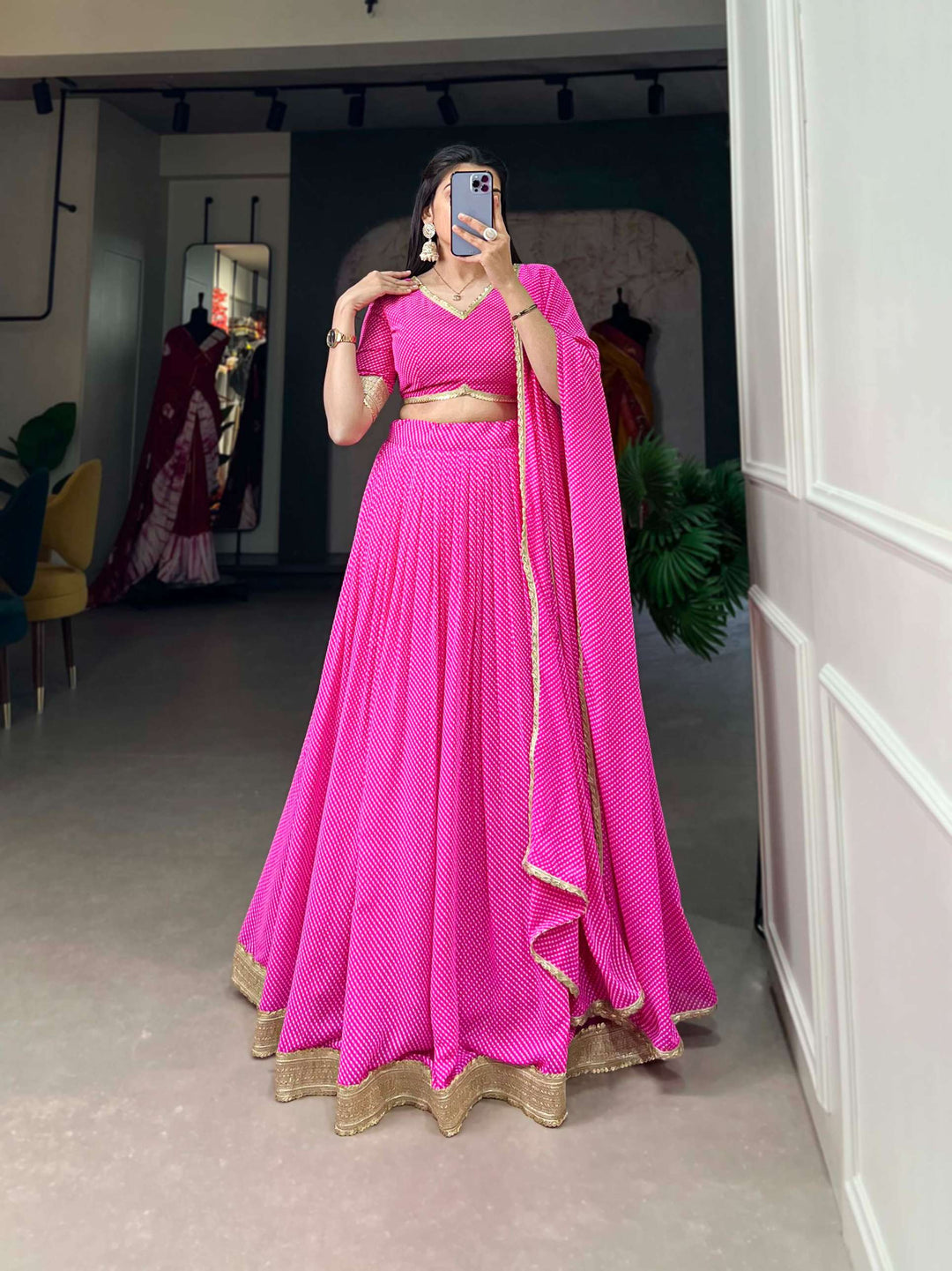 Hot Pink Dot Print Georgette Lehenga Choli - PAHRAVA