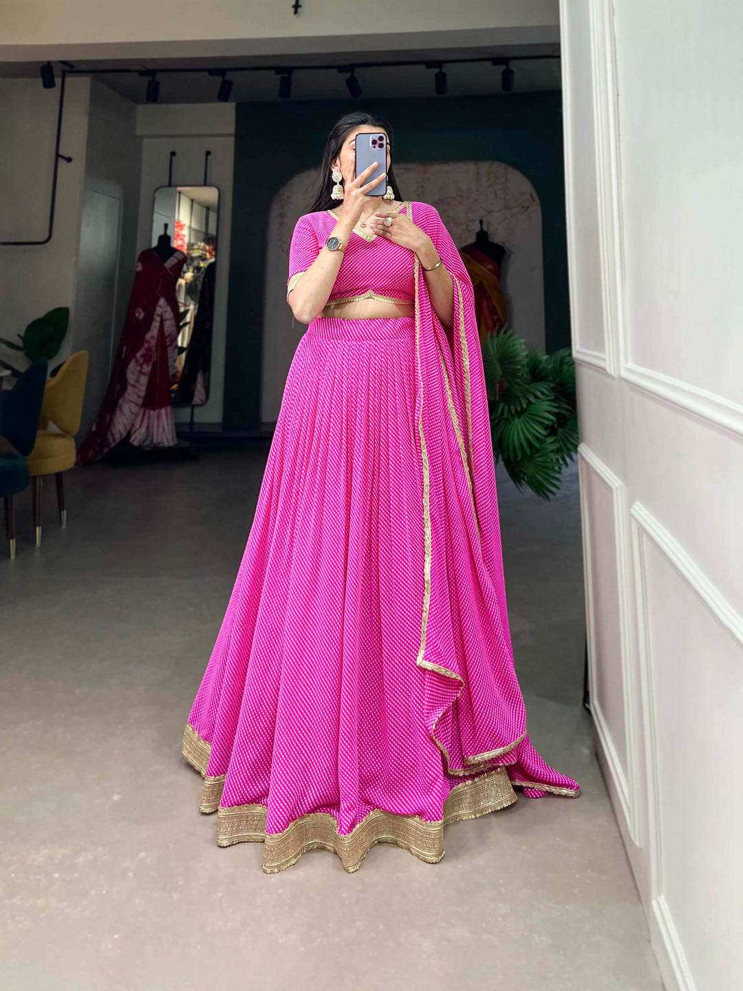 Hot Pink Dot Print Georgette Lehenga Choli - PAHRAVA