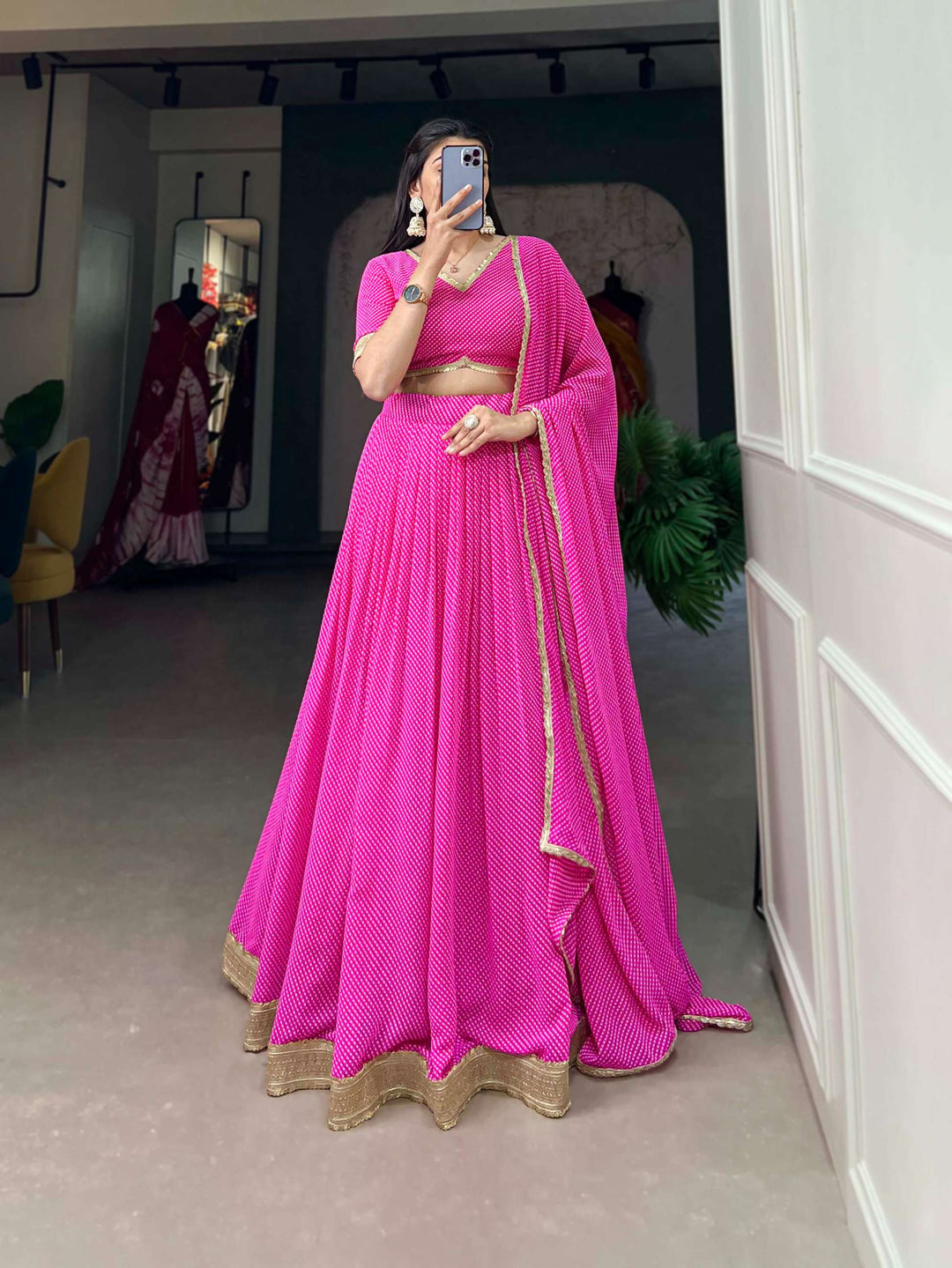 Hot Pink Dot Print Georgette Lehenga Choli - PAHRAVA