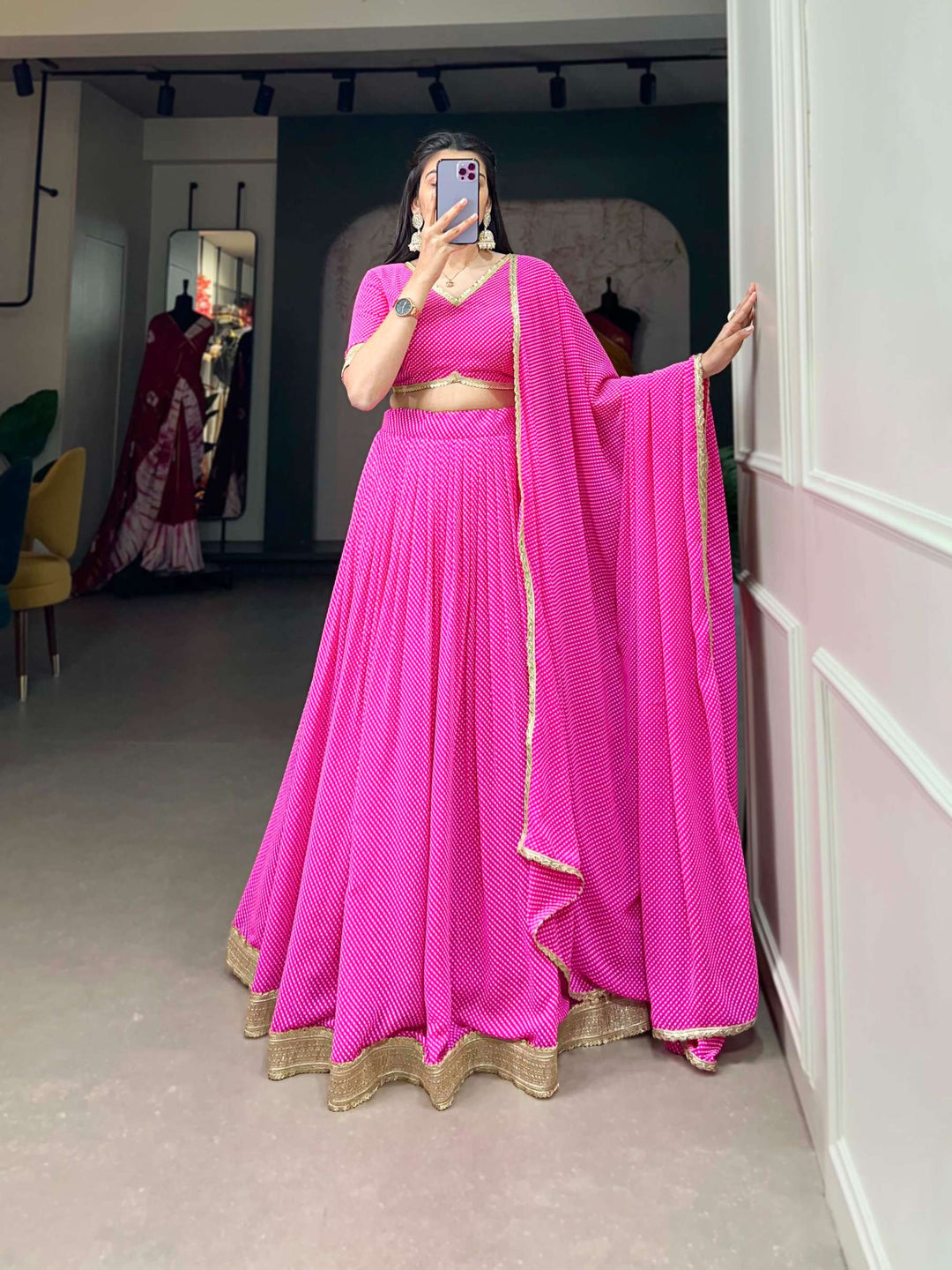 Hot Pink Dot Print Georgette Lehenga Choli - PAHRAVA